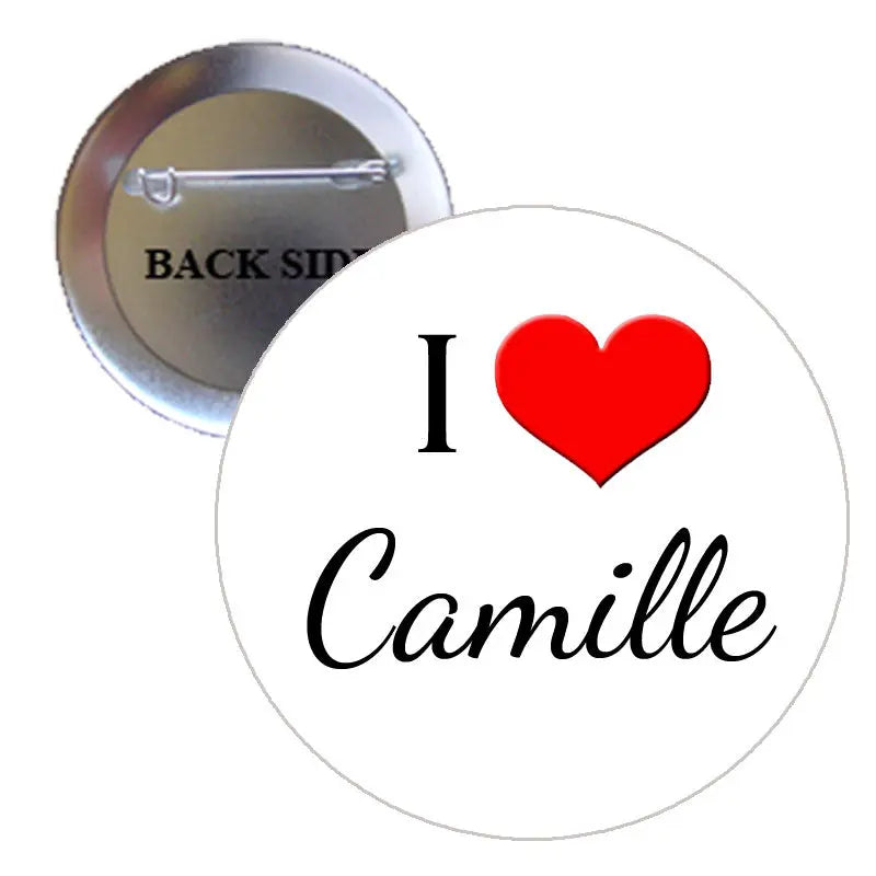 Round I Love Camille pin with red heart and cursive "Camille" text