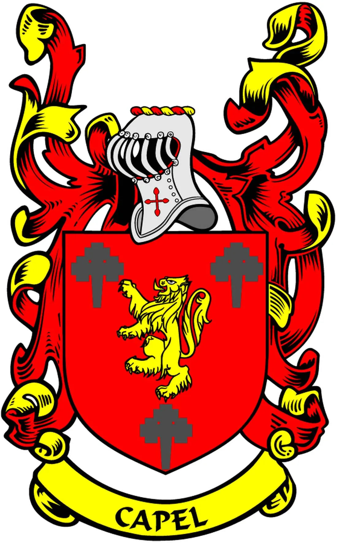 Family crest coat arms magnet with red shield, lion, and CAPEL banner