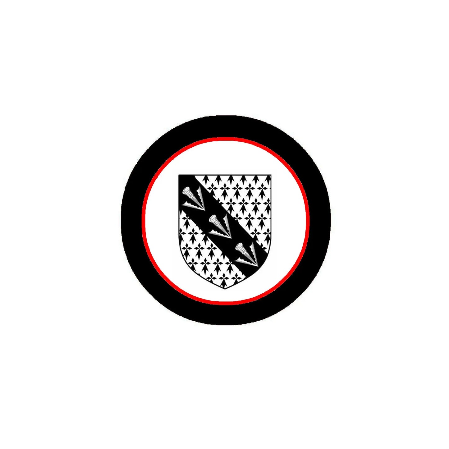 Round family crest coat arms magnet with black outer ring, red border, and white shield design