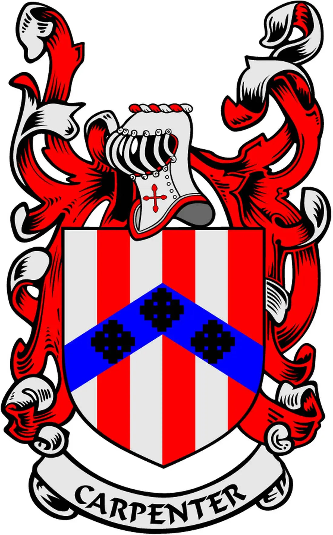 Coat of arms family crest magnet, red/white/blue shield, CARPENTER banner