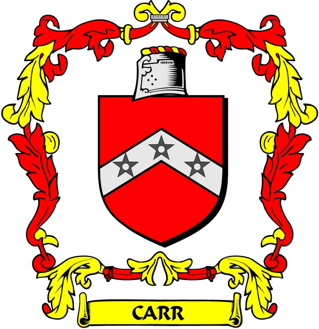 Carr family crest coat-of-arms magnet: red shield, gray stars, CARR banner
