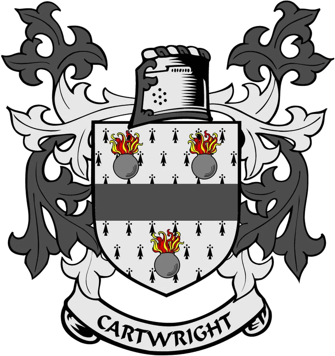 Cartwright family crest arms magnet, 3-inch shield design with flames and birds