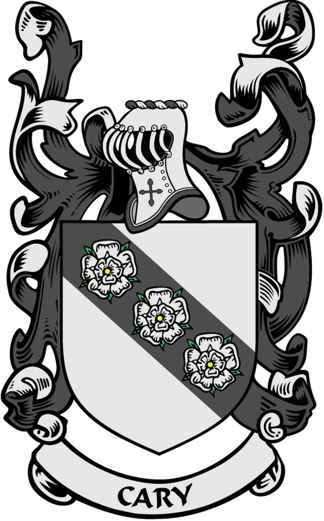 Coat of arms family crest magnet with shield, floral roses, and 'CARY' text
