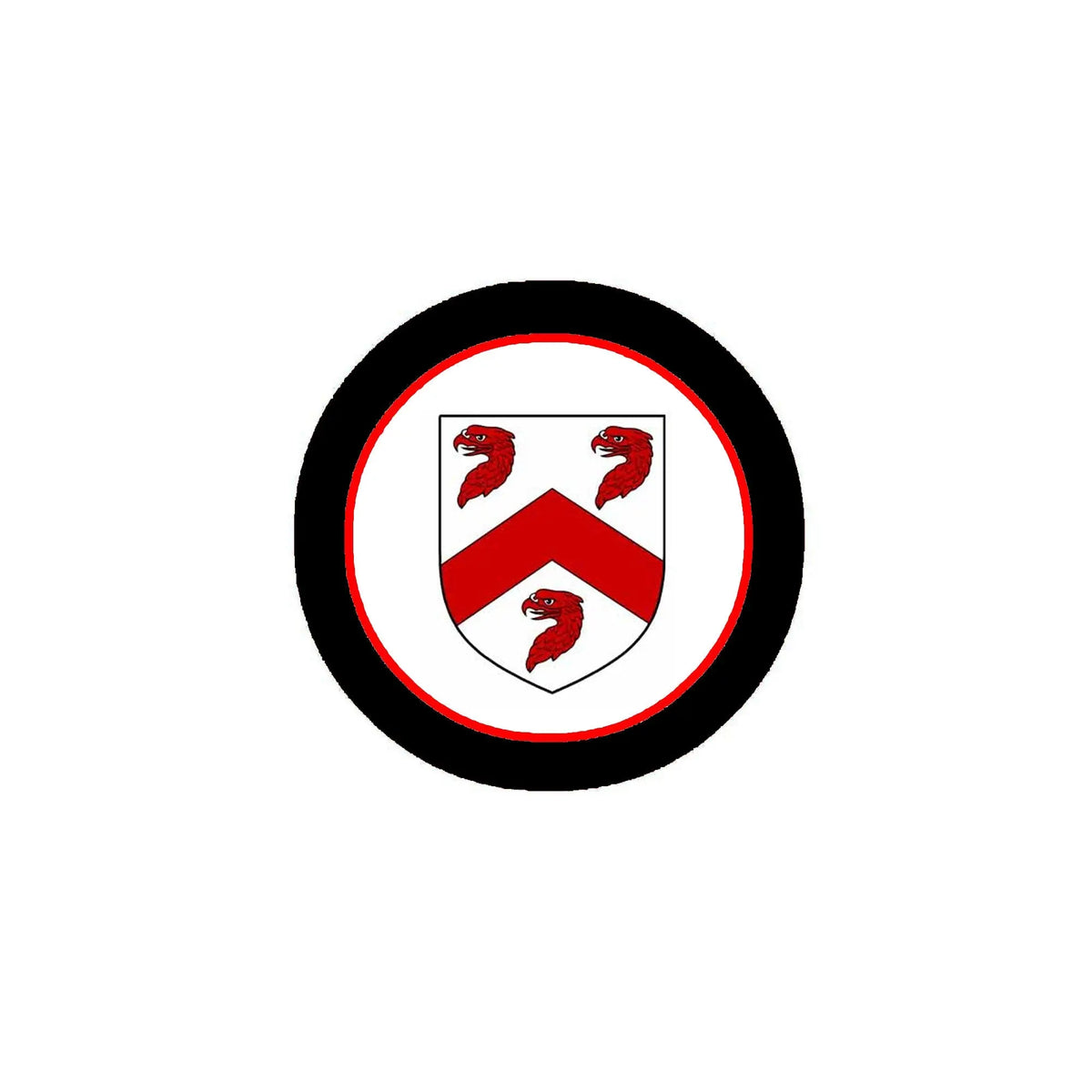 Round black-edged magnet with red and white family crest shield design
