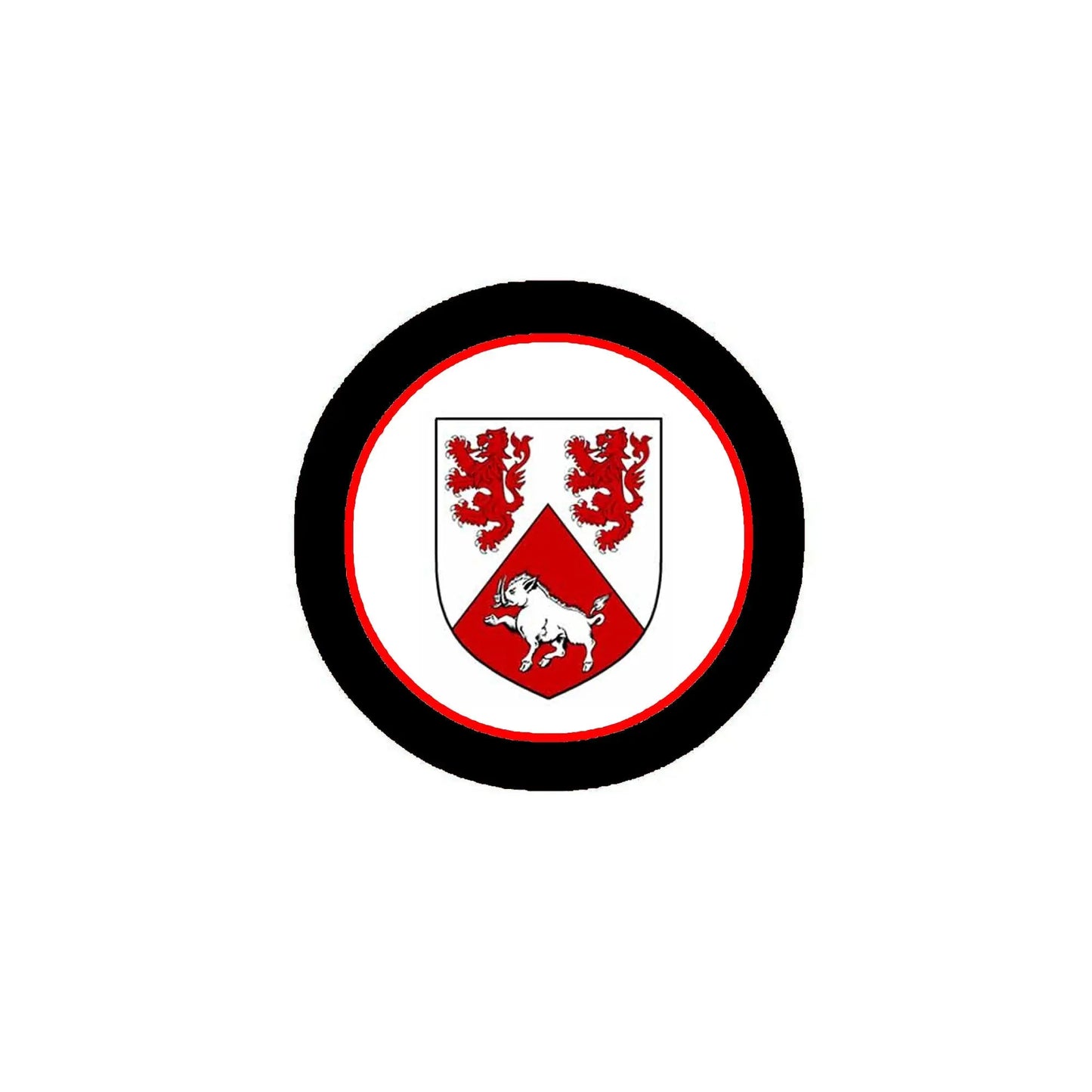 Round black magnet with red inner ring and white coat of arms crest