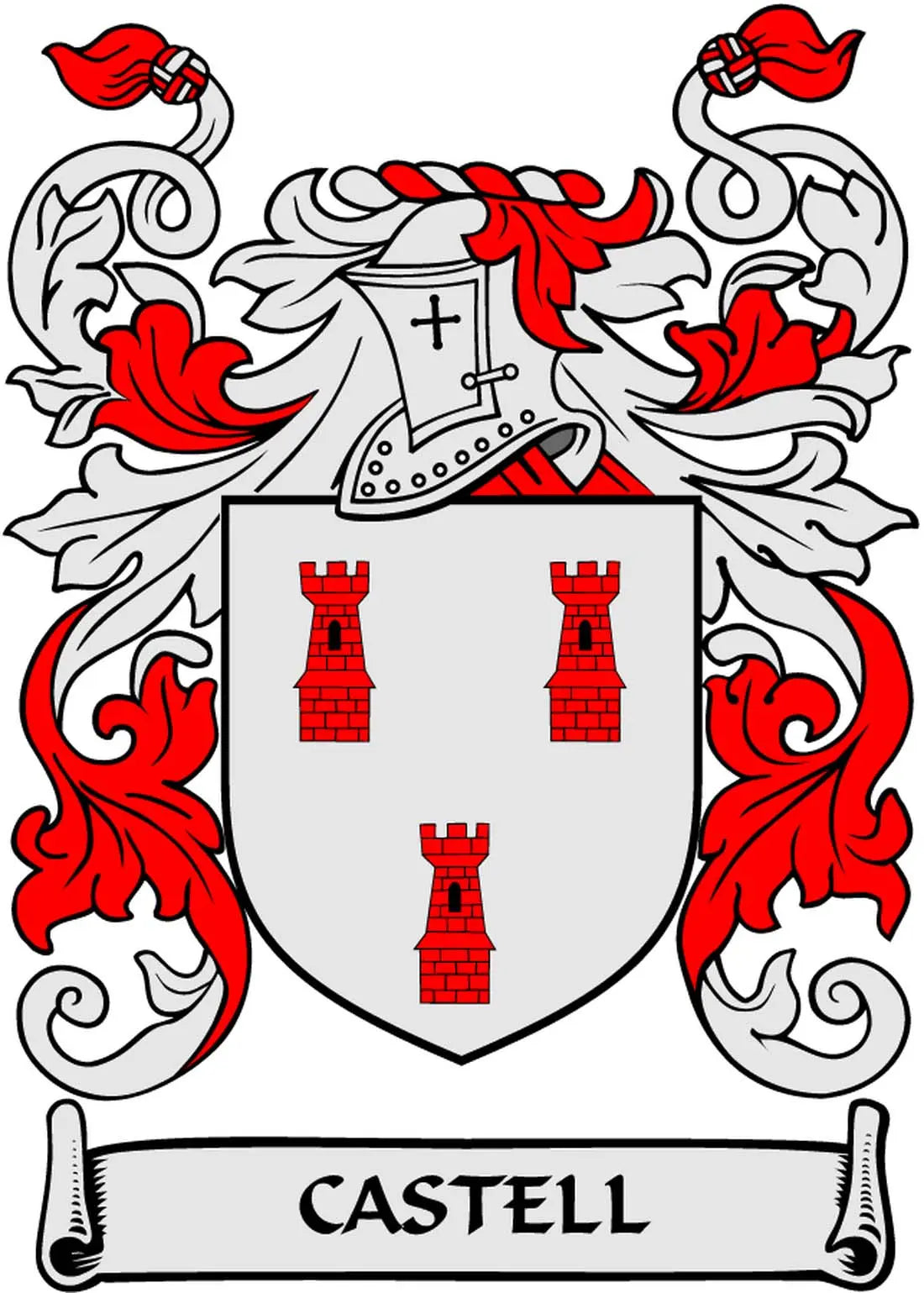 Castell family crest magnet with red castle towers on white shield