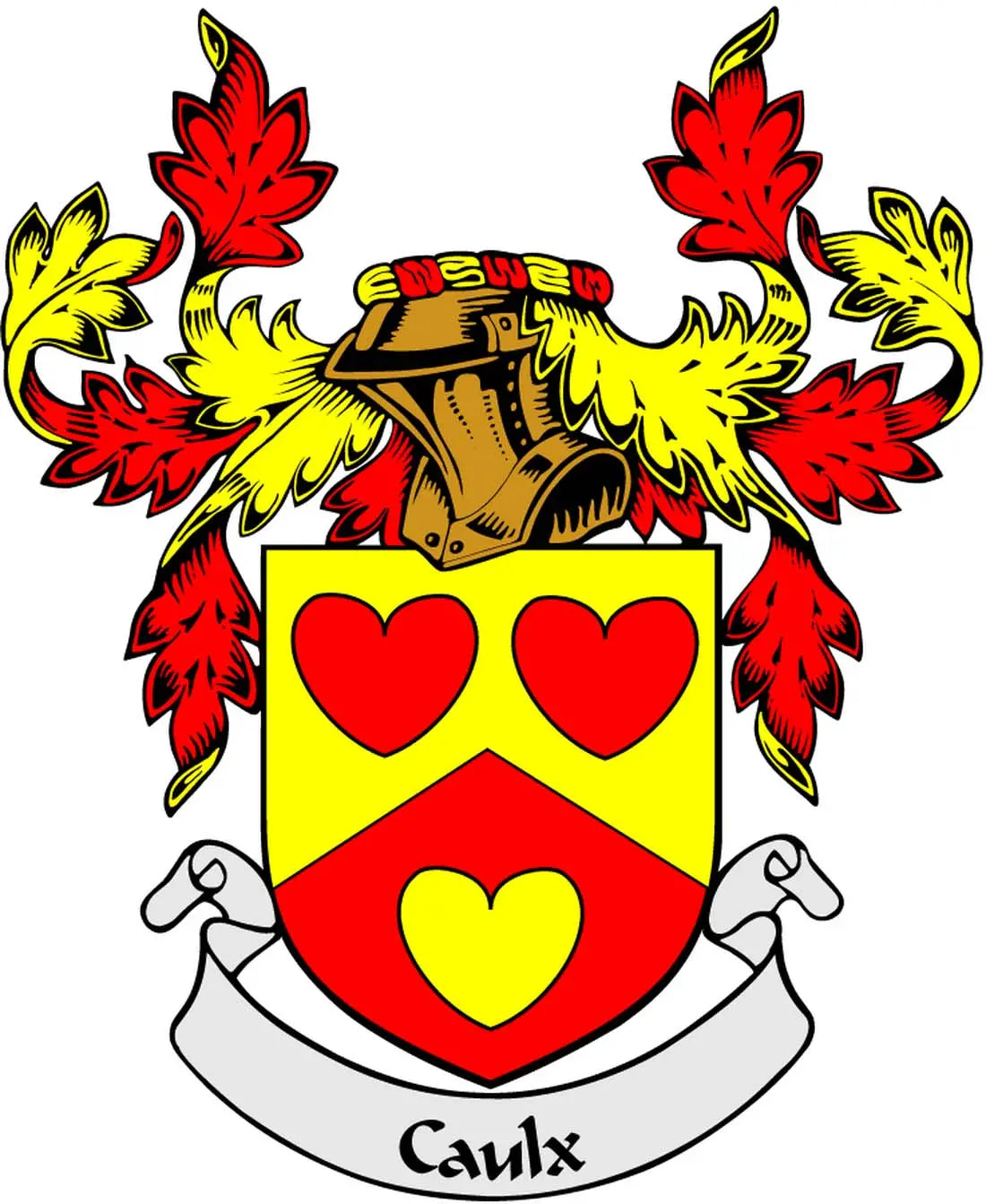 Caulx coat of arms magnet with red/yellow shield and three hearts