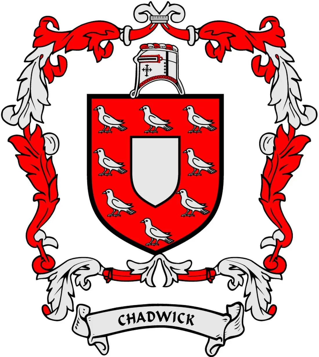 Family crest coat of arms magnet: red shield with white panel, red bird symbols, CHADWICK banner
