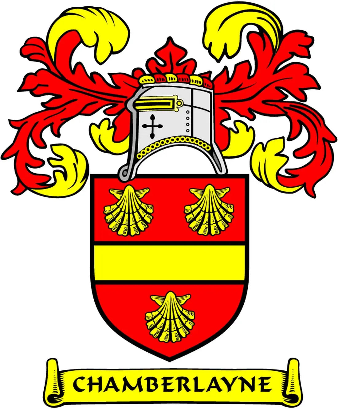 Family crest coat of arms magnet with shield, crown, lions and “Chamberlayne” text