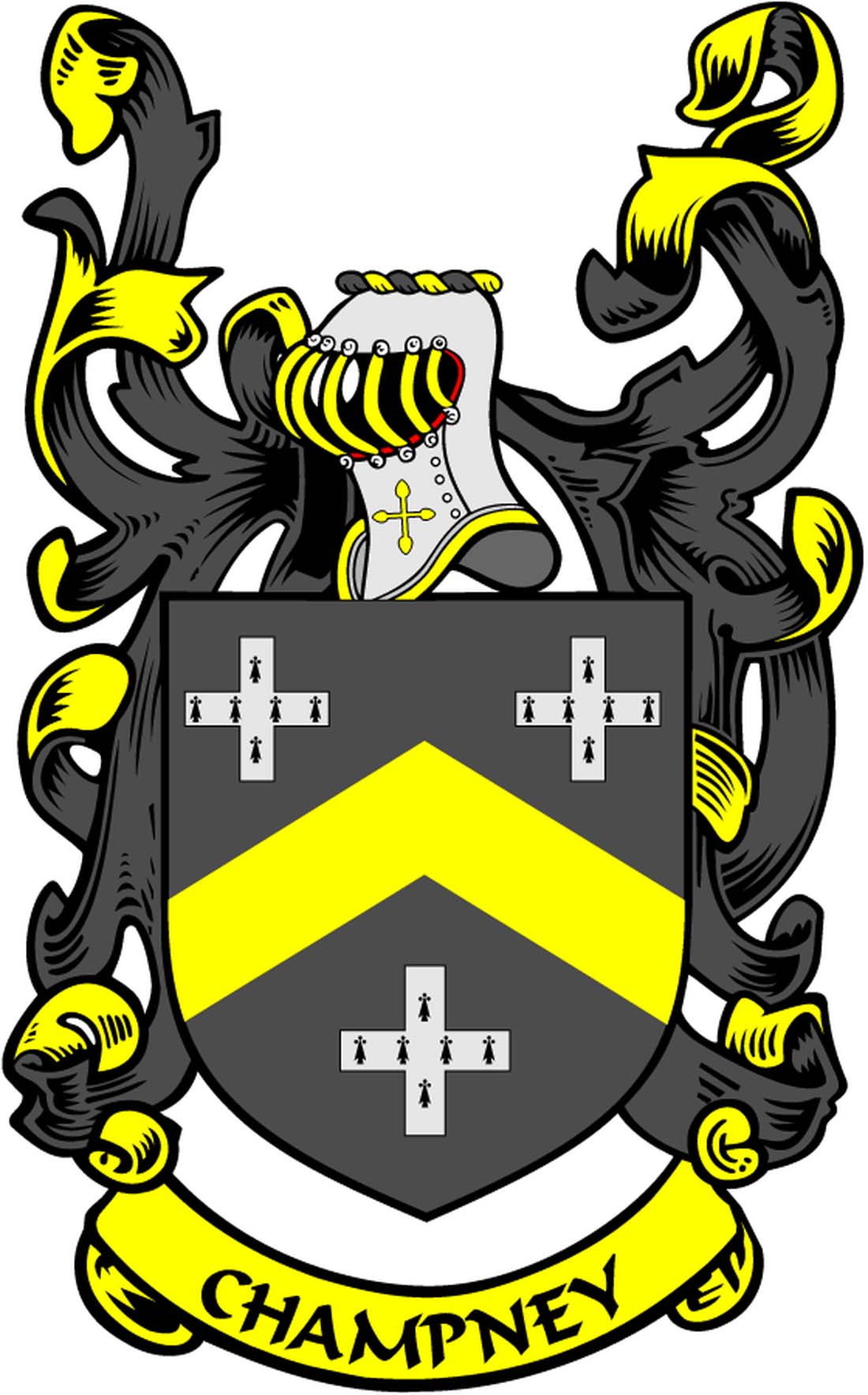 Coat of arms magnet, 3-inch, yellow and black crest with CHAMPNEY ribbon text
