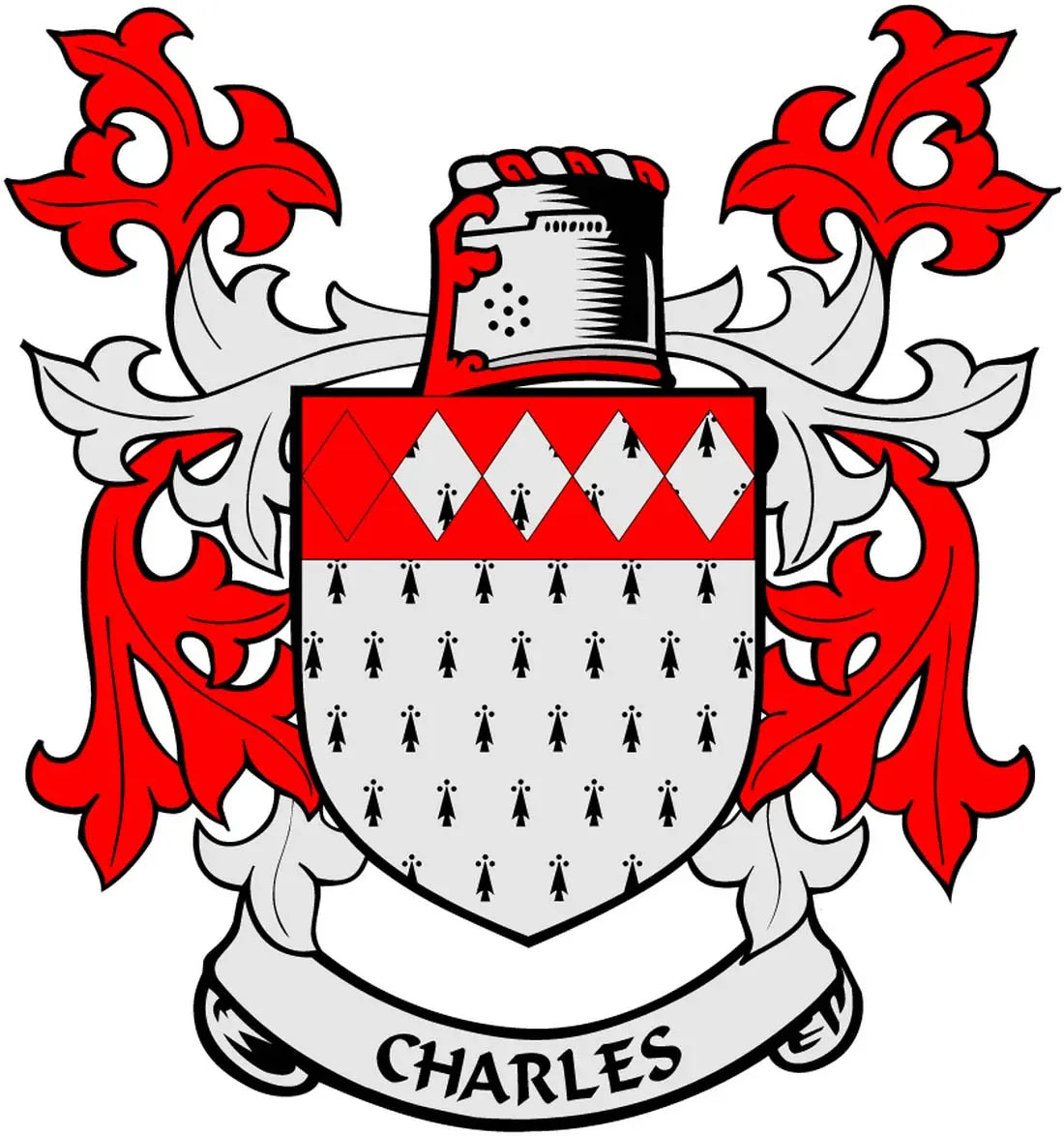 Charles family crest coat arms magnet with red-and-black diamond shield and white detailing