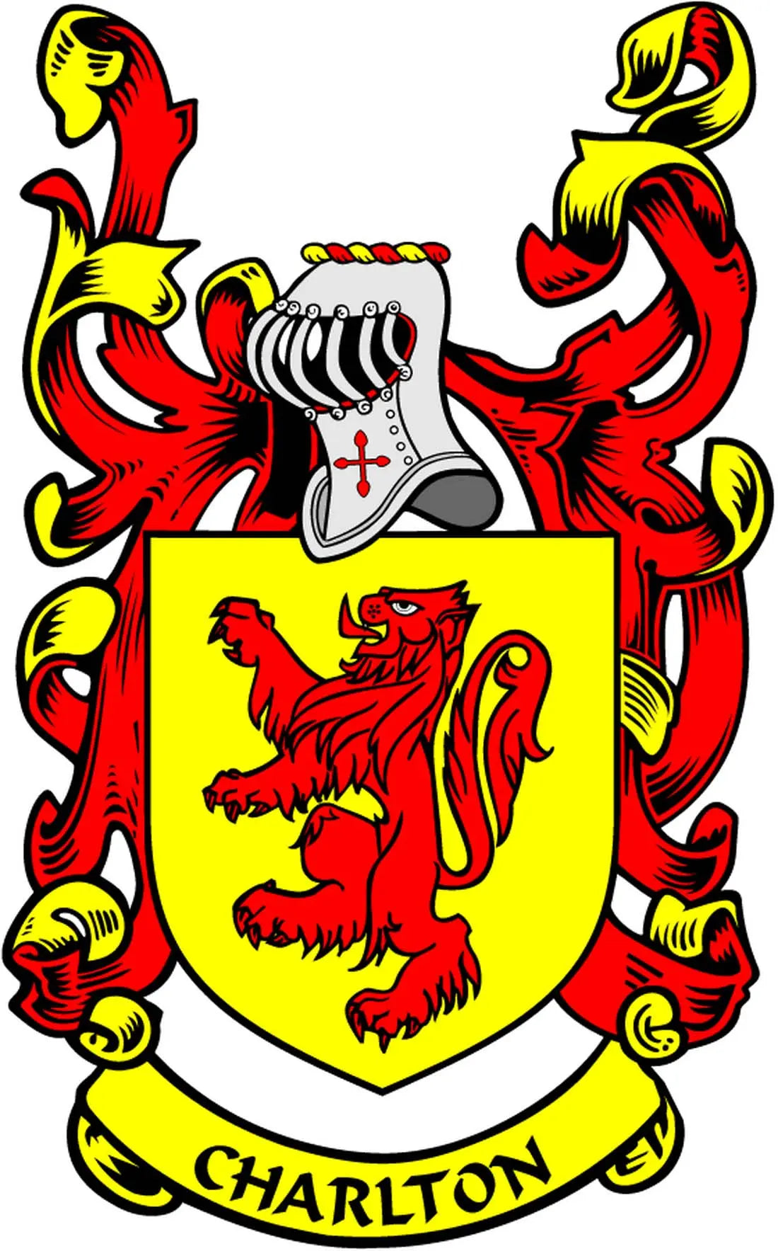 Charlton coat of arms pinback with yellow shield, red ribbons, and CHARLTON banner