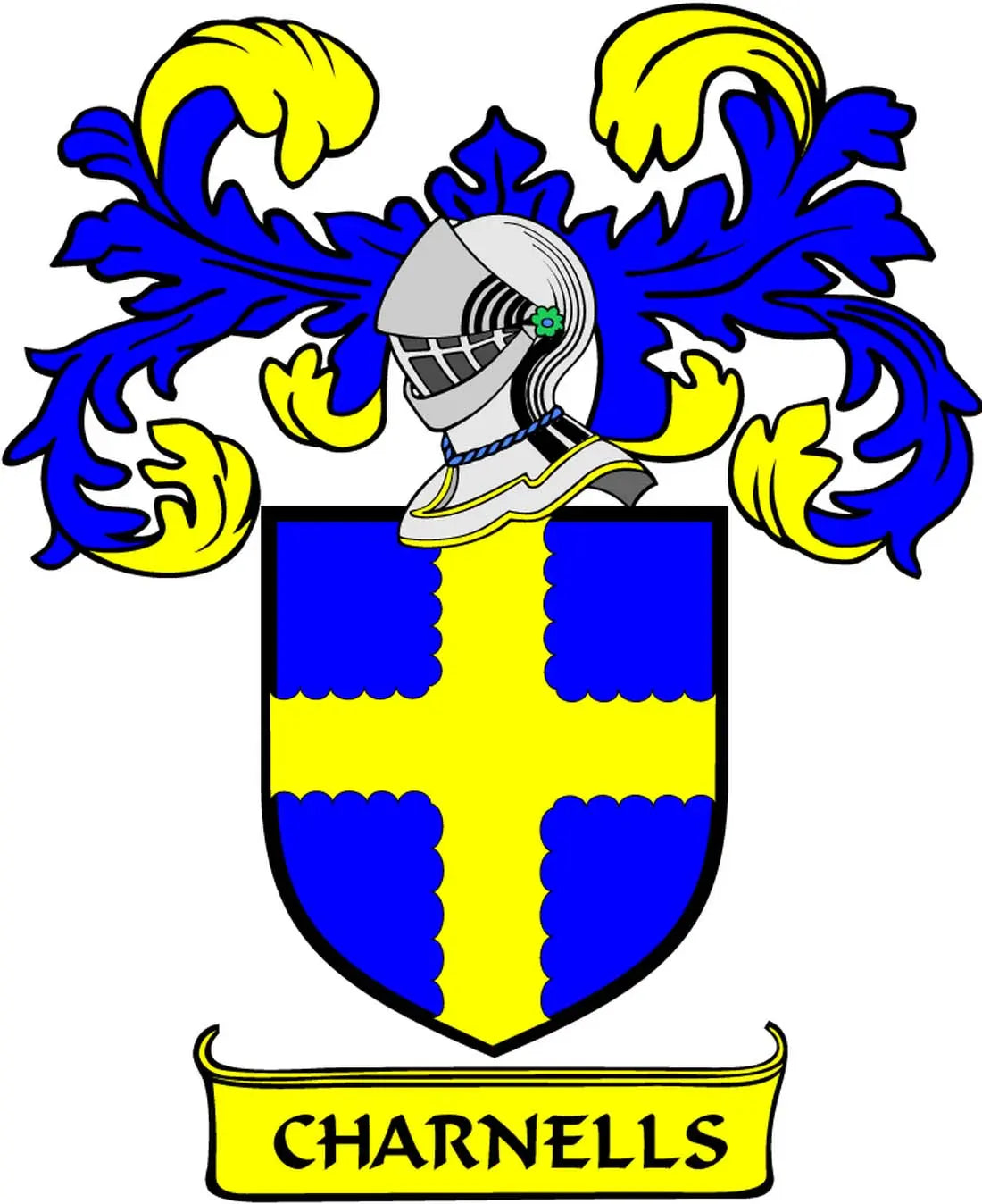 Family crest coat of arms magnet with blue and yellow shield and CHARNELLS banner