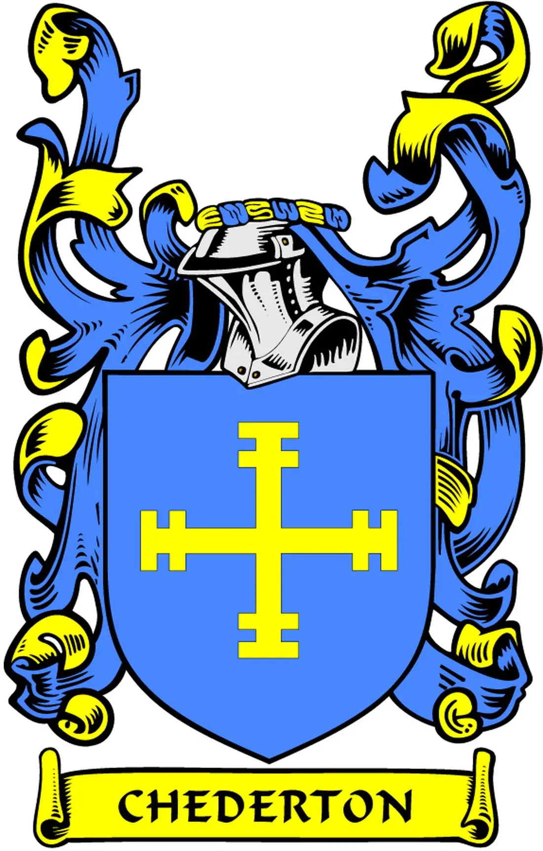 Blue family crest magnet with gold cross shield and CHEDERTON banner