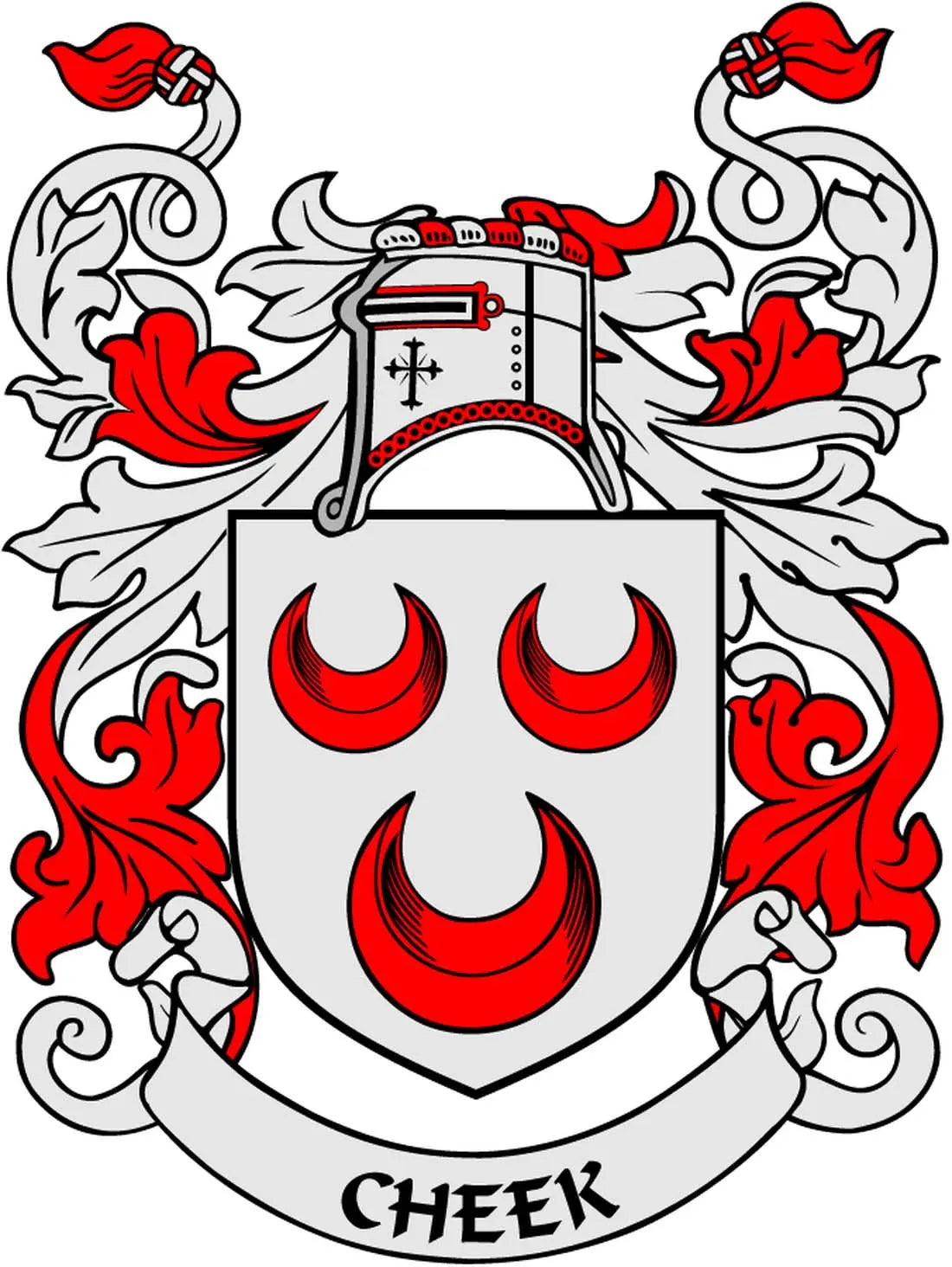 Family crest arms magnet with white shield, red flames, and ribbon banner detail