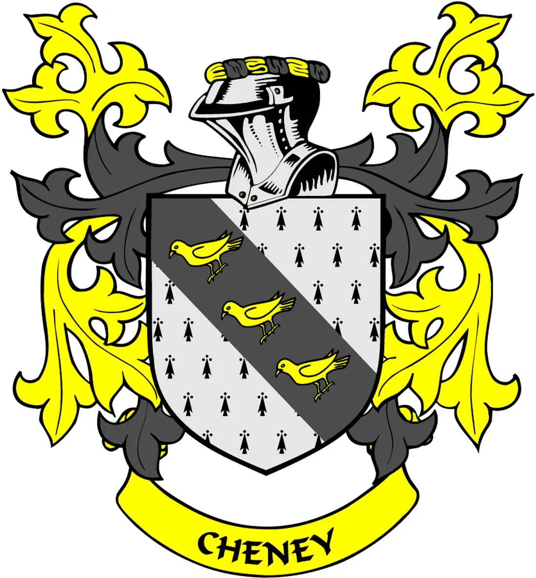 Cheney family crest coat arms magnet with yellow birds and black-and-gray shield