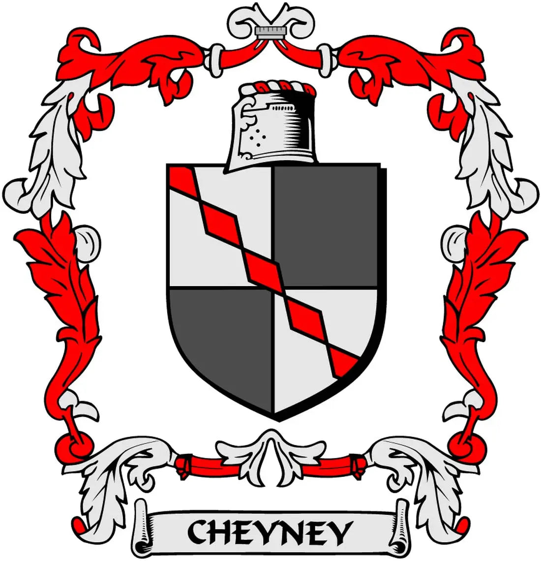 Cheyney family crest coat-of-arms magnet with shield and CHEYNEY banner, red and gray