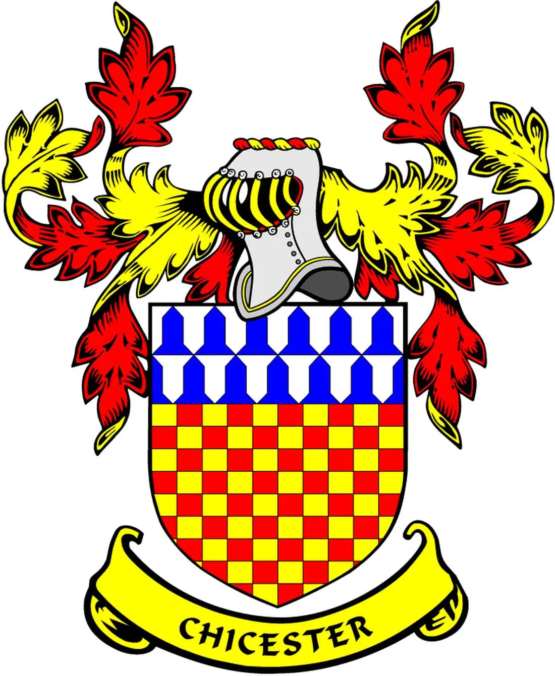 Chicester family crest coat arms magnet, colorful flowers around checker shield and CHICESTER banner