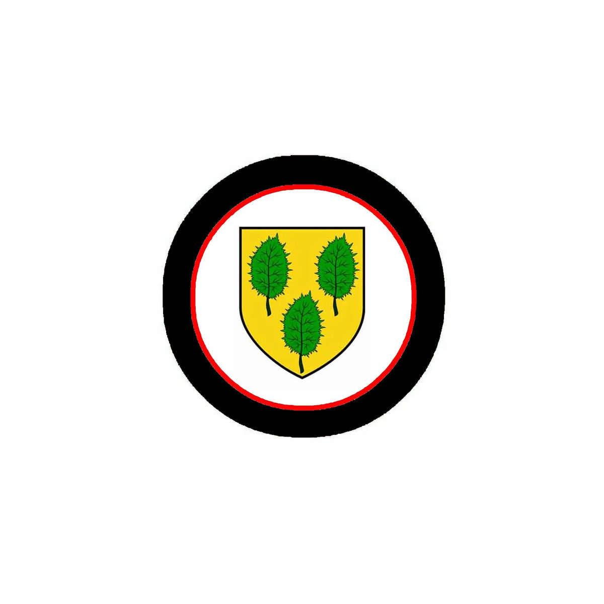 3-inch round coat of arms magnet with black ring, red border, and green trees shield