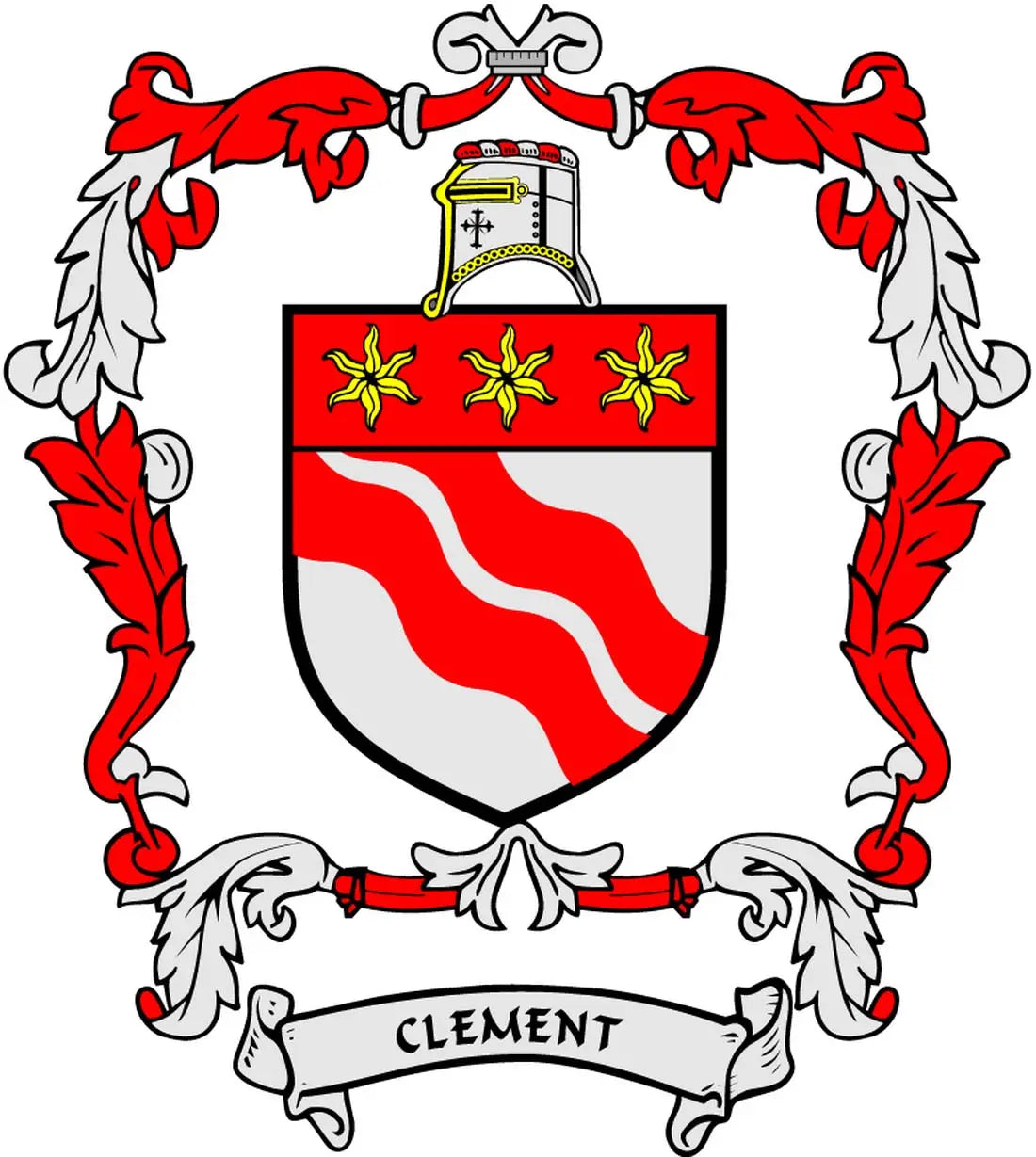 Clement family crest arms magnet with red-and-white shield and “CLEMENT” banner