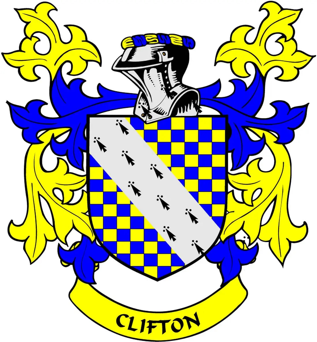 Coat of arms pinback with blue-and-yellow shield, diagonal stripe, and 'CLIFTON' banner