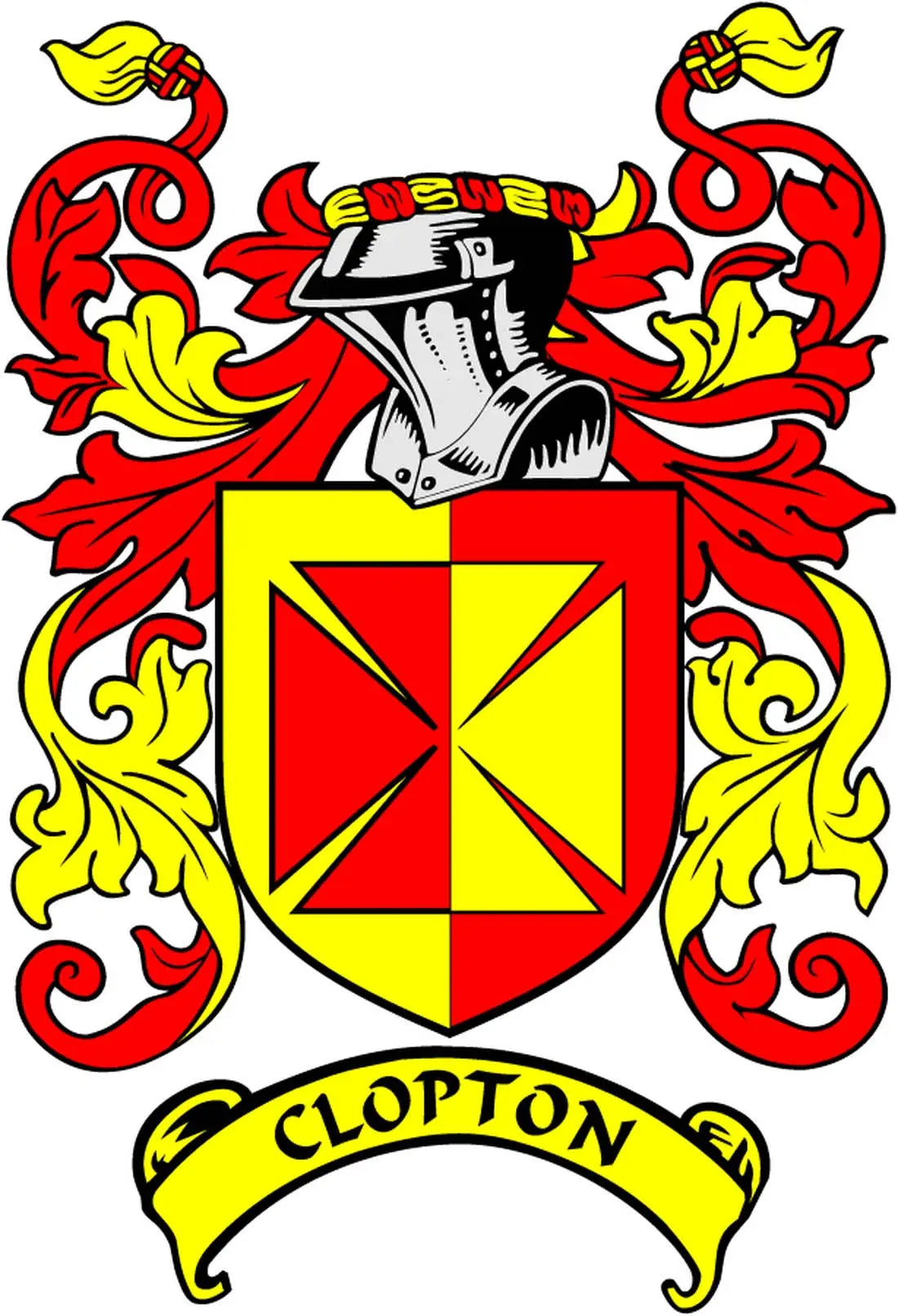 Clopton family crest enamel coat of arms pinback with shield and ribbon, gold, red, yellow