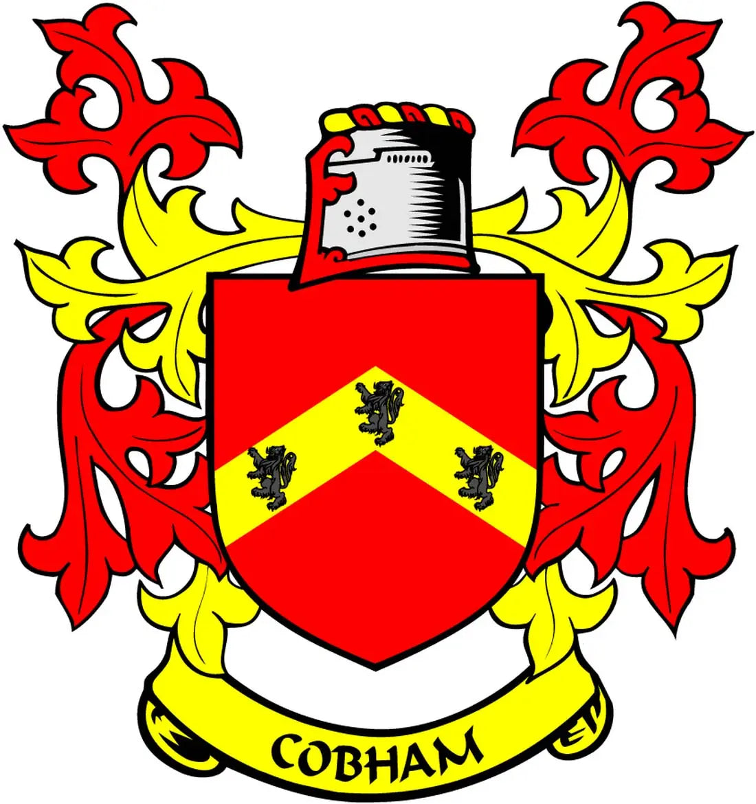 Cobham coat of arms magnet: red shield, yellow chevron, black figures, COBHAM ribbon
