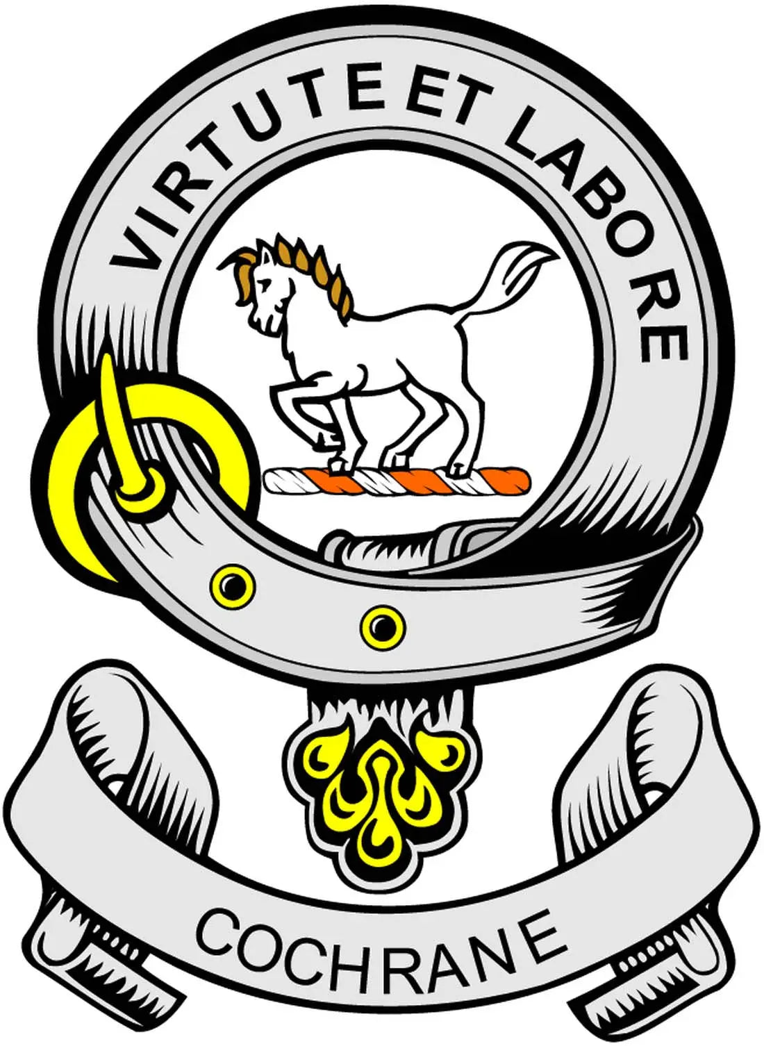 Round family crest pinback badge with white, black, and yellow design, Cochrane text