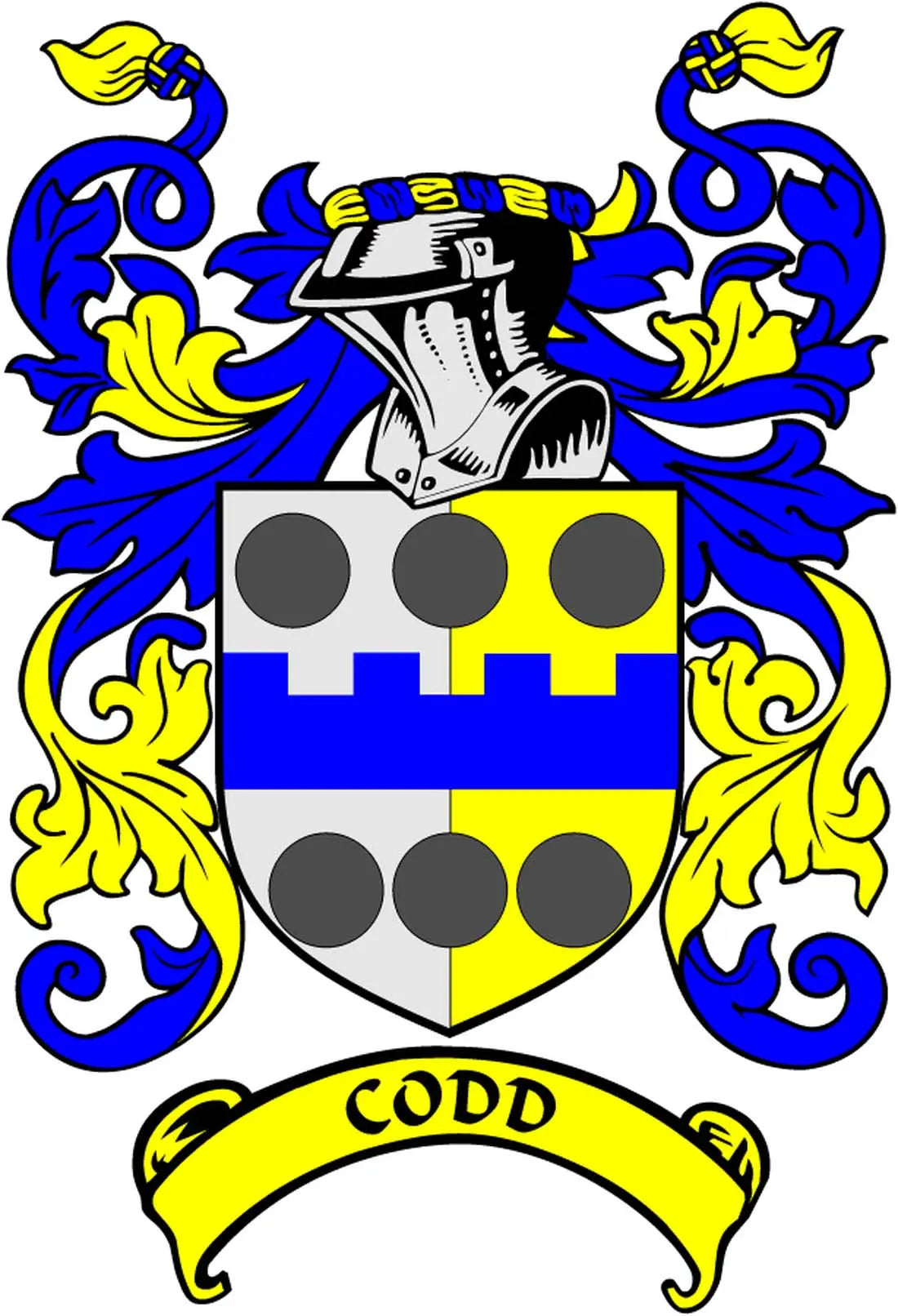 Codd family crest coat arms magnet: heraldic shield with banner reading CODD
