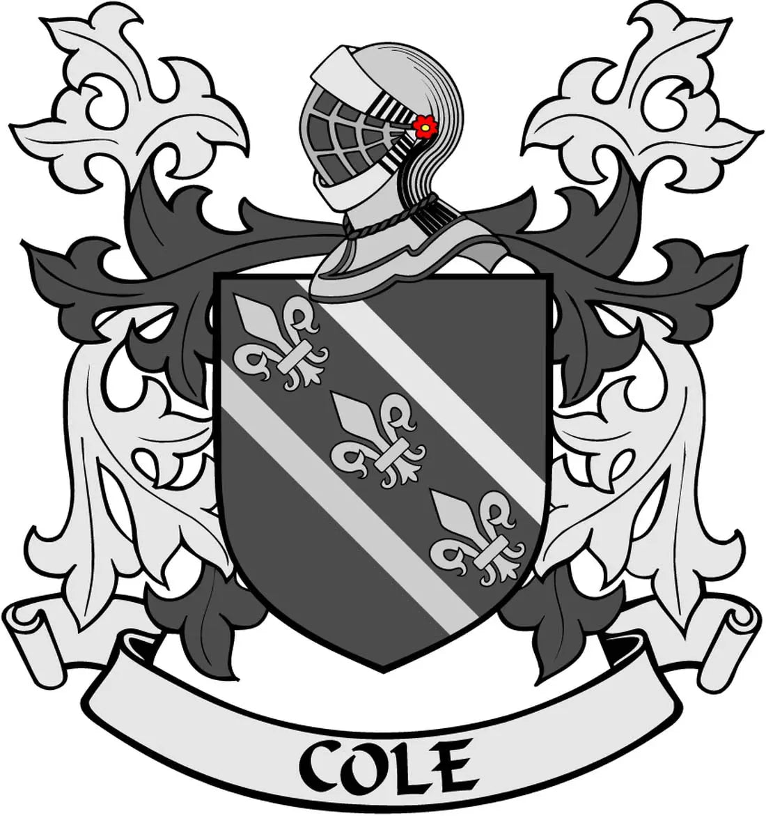 Family crest coat of arms magnet: shield with hat and COLE banner