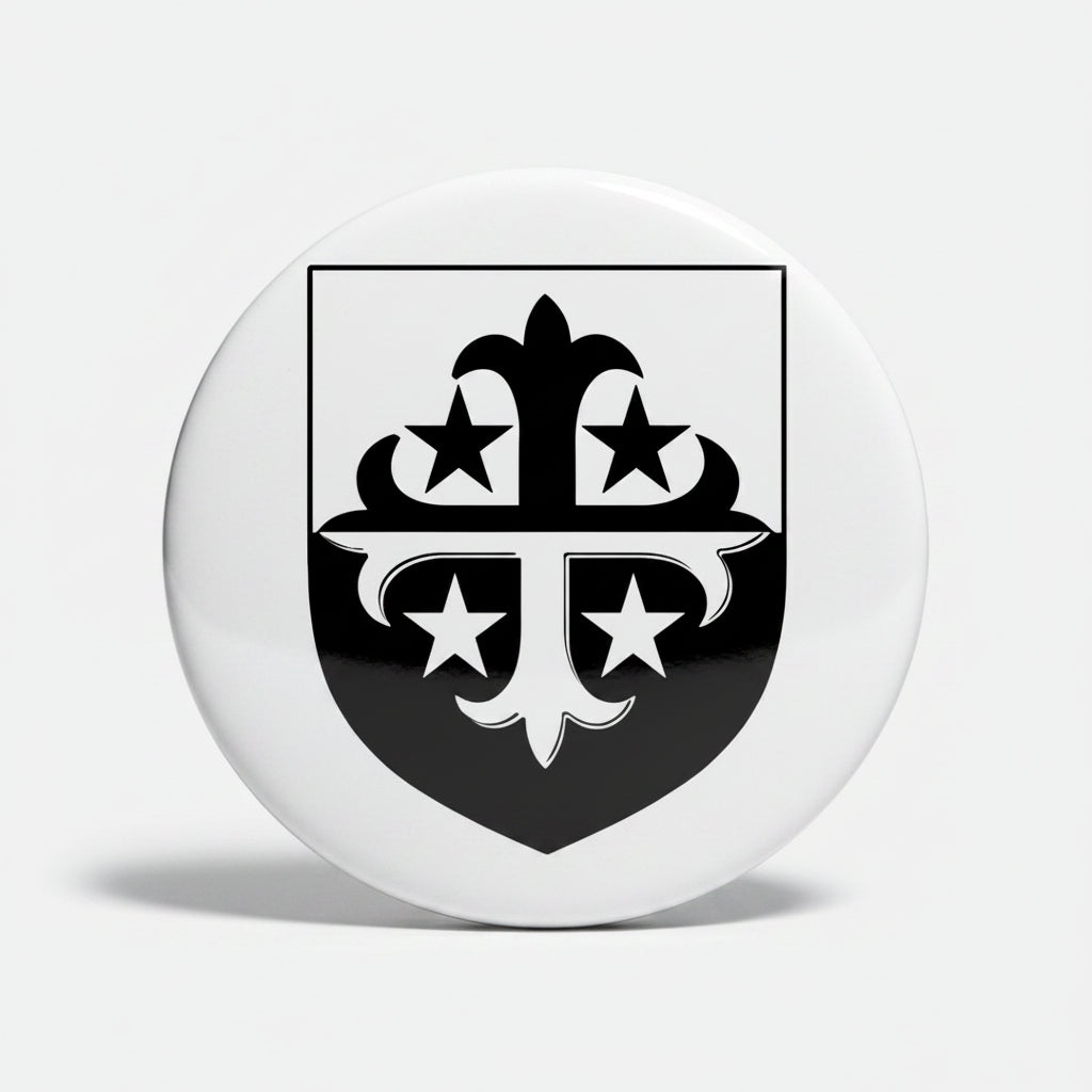 Round refrigerator magnet with black family crest shield and fleur-de-lis arms