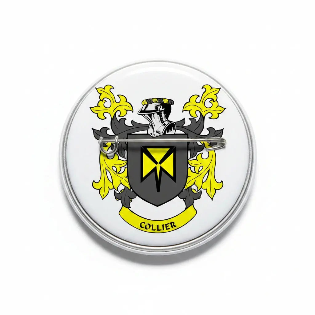Round silver-tone coat of arms crest magnet with Collier shield and yellow accents