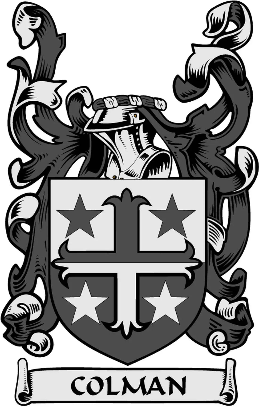 Family crest coat arms magnet with shield and COLMAN banner, black and white