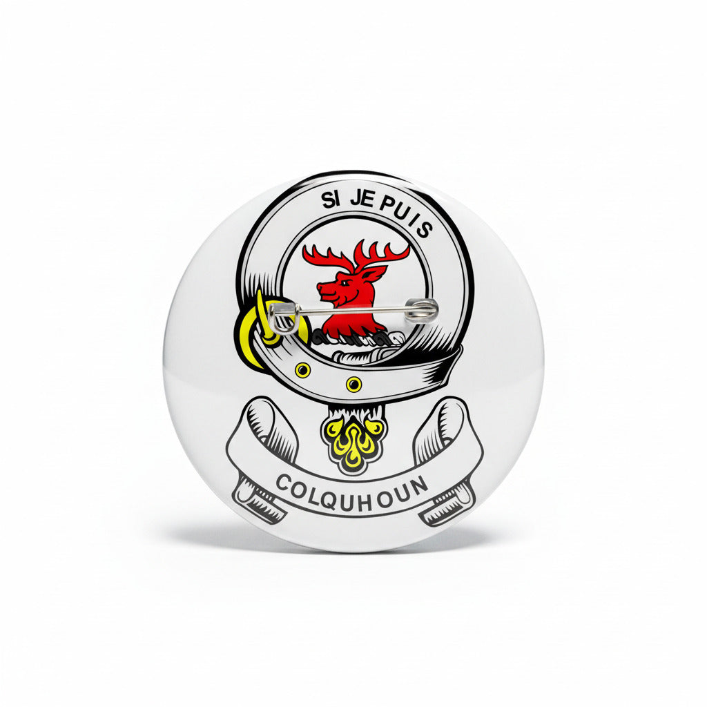 3-inch round coat arms magnet with red deer crest and 'COLQUHOUN' ribbon text