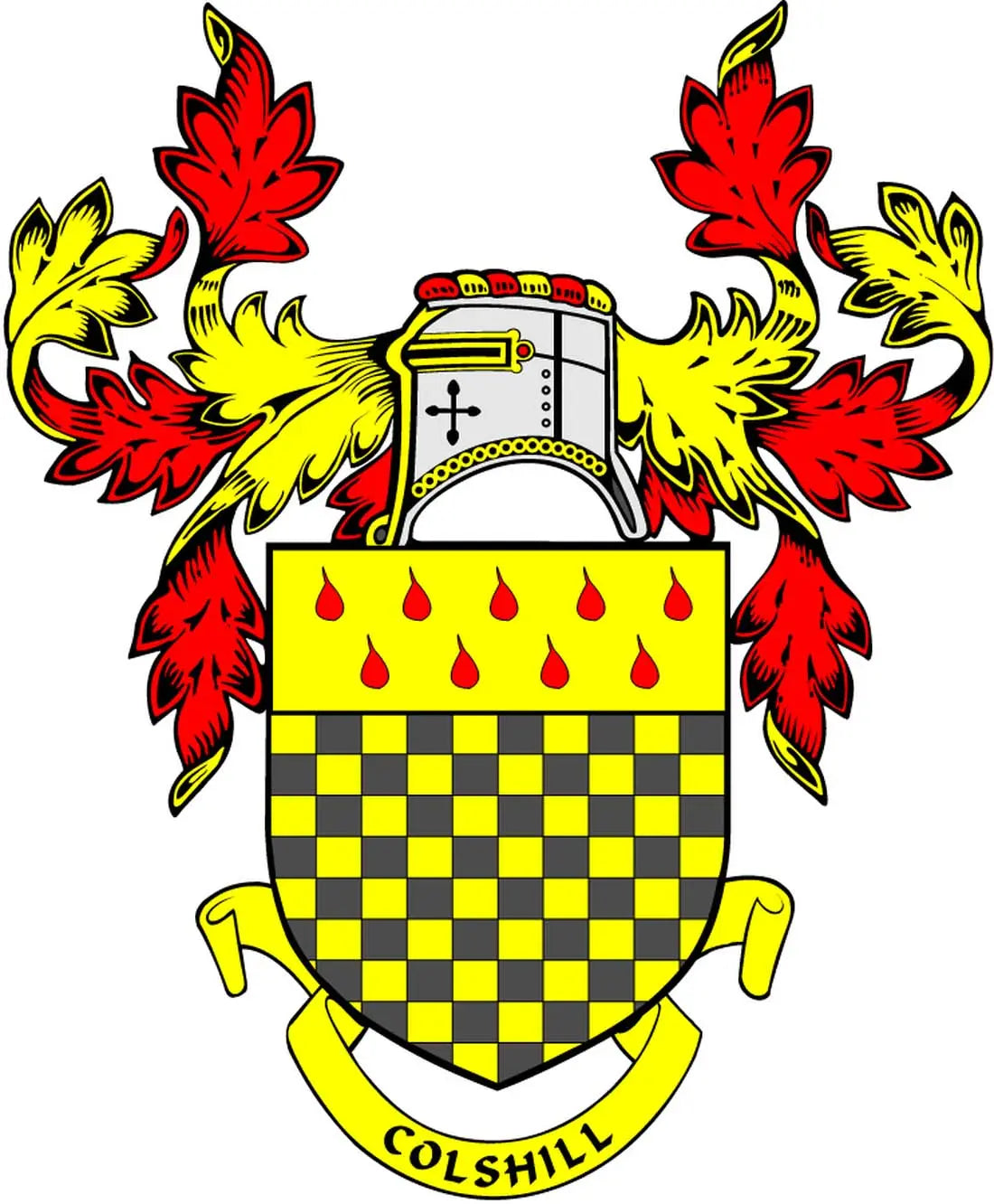 Colshill coat of arms pinback badge with red and yellow shield and checker pattern