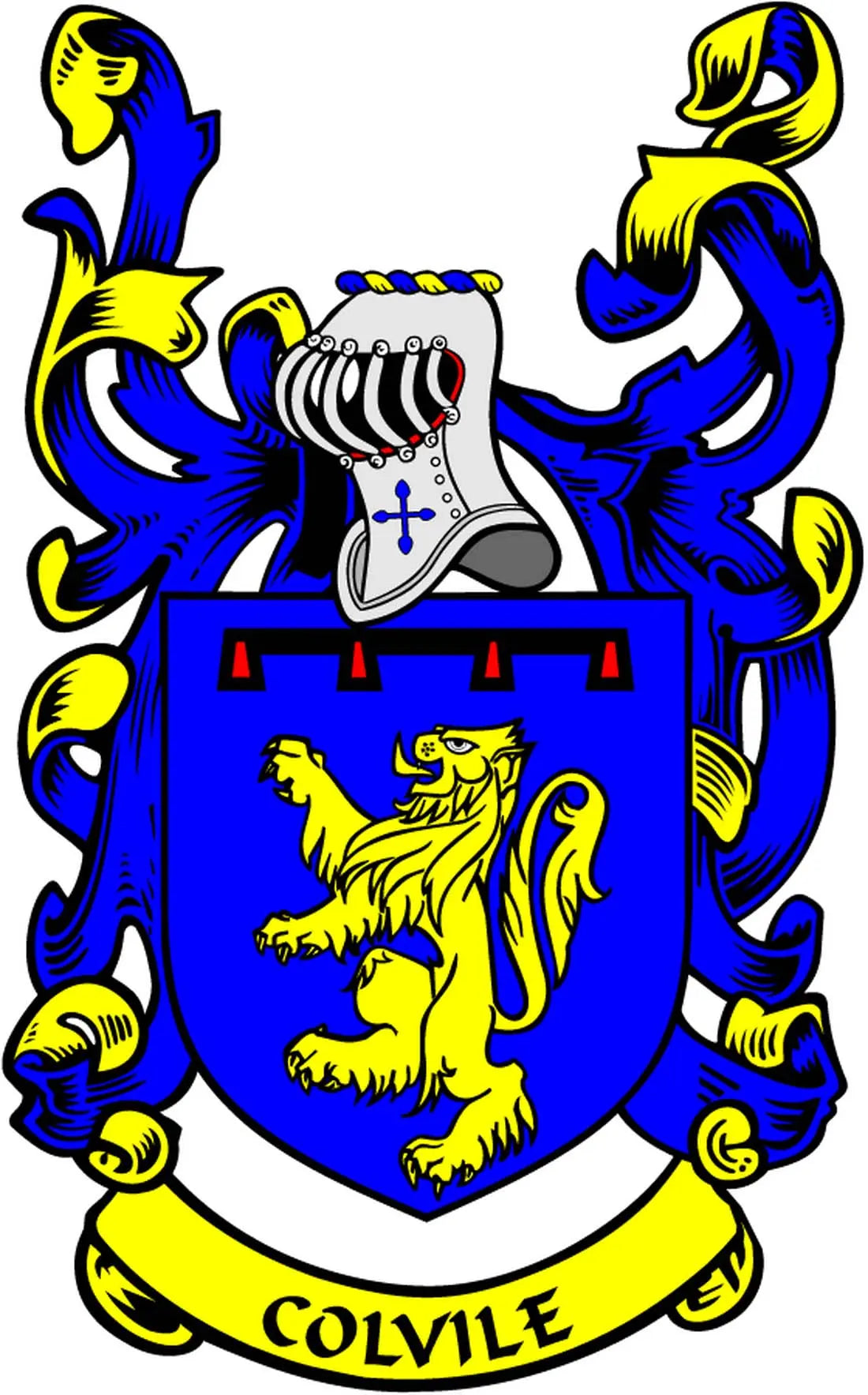 3-inch coat of arms magnet with blue and yellow shield, lion, and “COLVILE” text