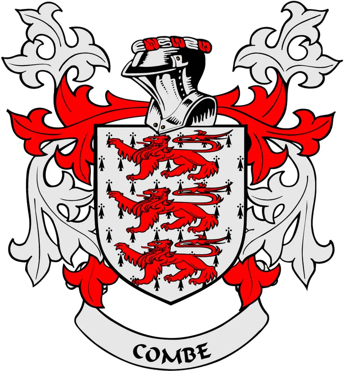 Red, black, and white coat of arms crest pinback with COMBE ribbon banner