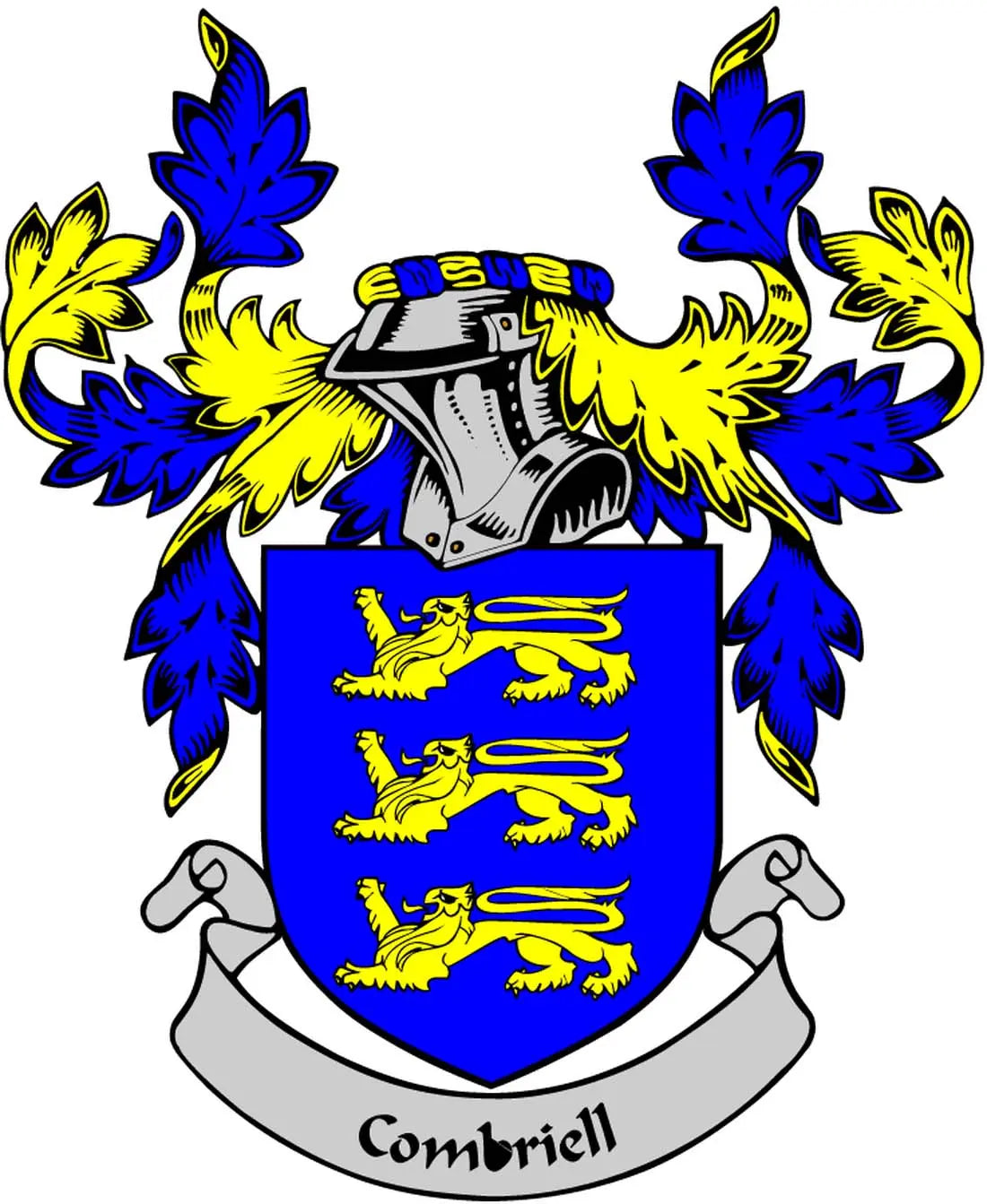 Family crest coat of arms magnet with blue shield and three yellow lions