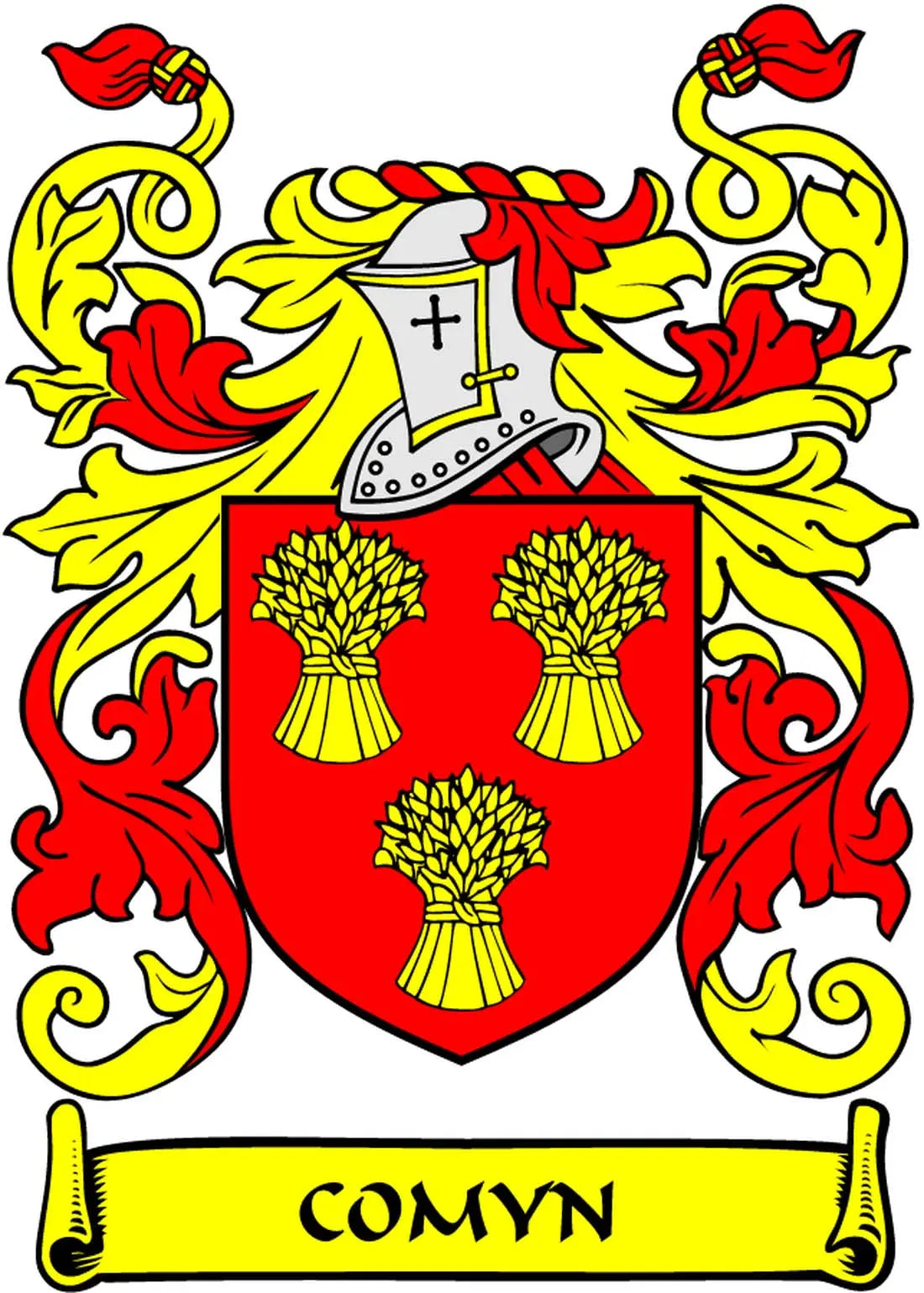 Red and yellow Comyn coat of arms pinback with shield and wheat motif banner