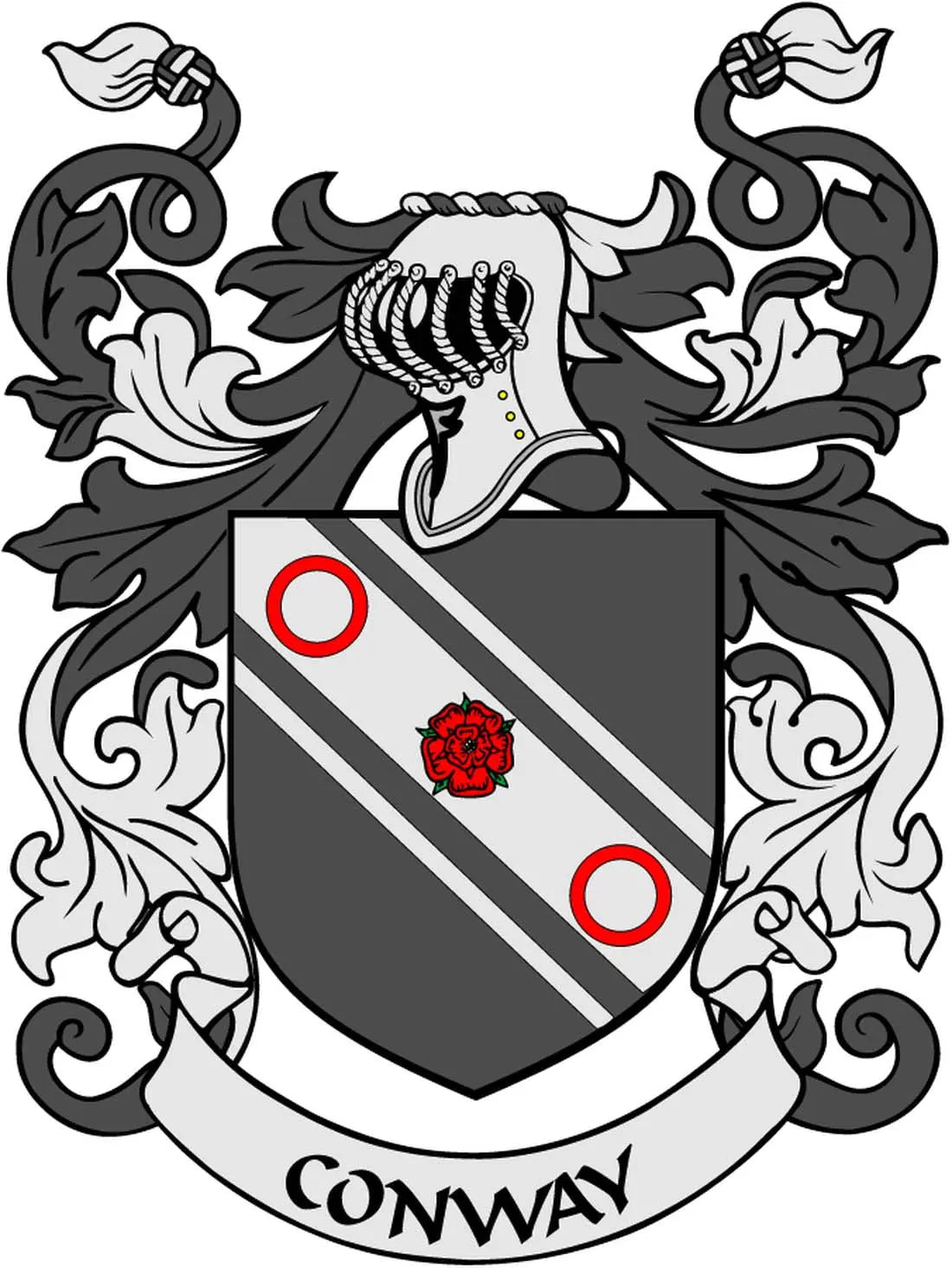 Conway family crest coat of arms magnet with black shield, red rose and accents