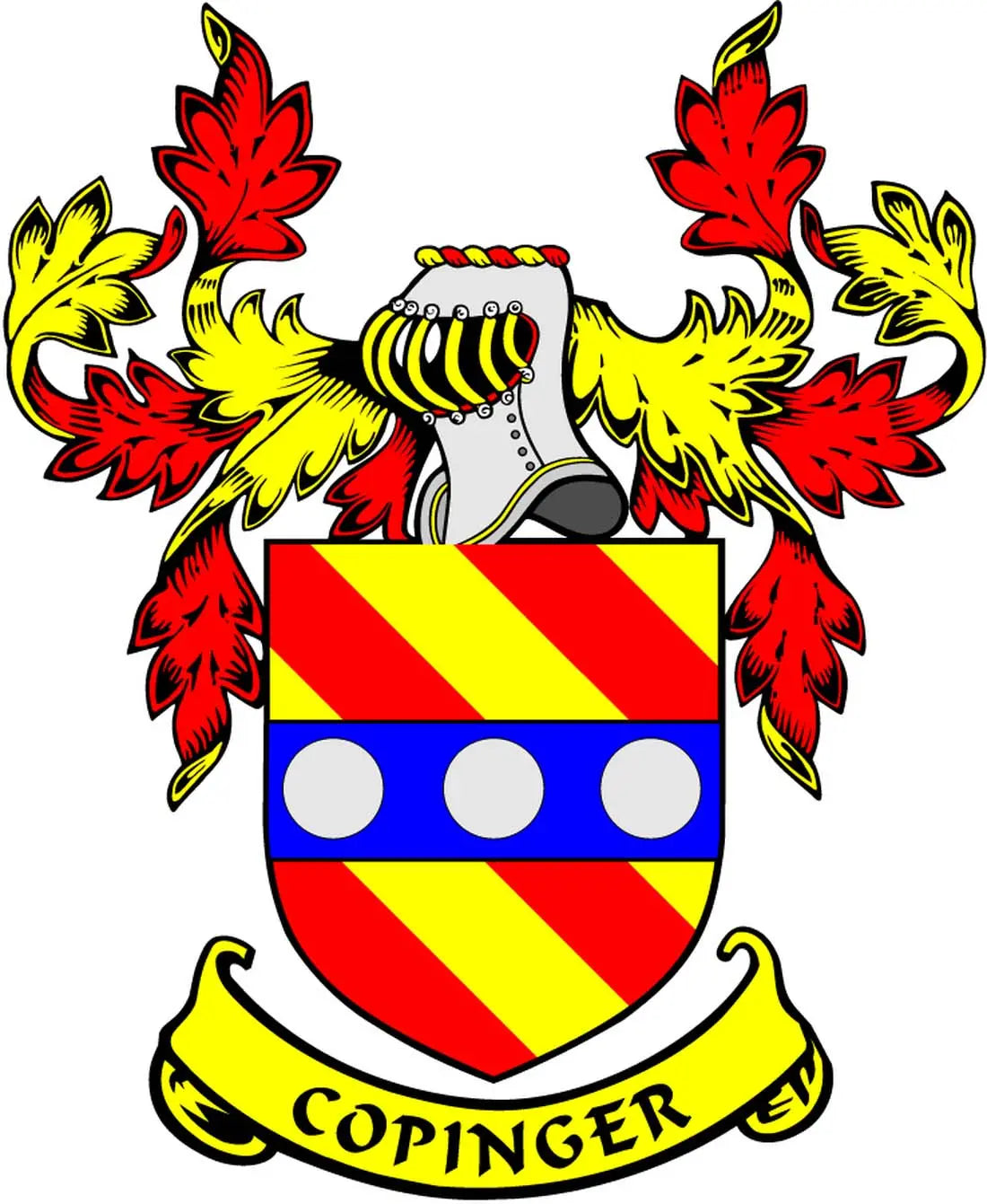 Coat of arms magnet with shield and banner reading Copinger; red, yellow, blue shield