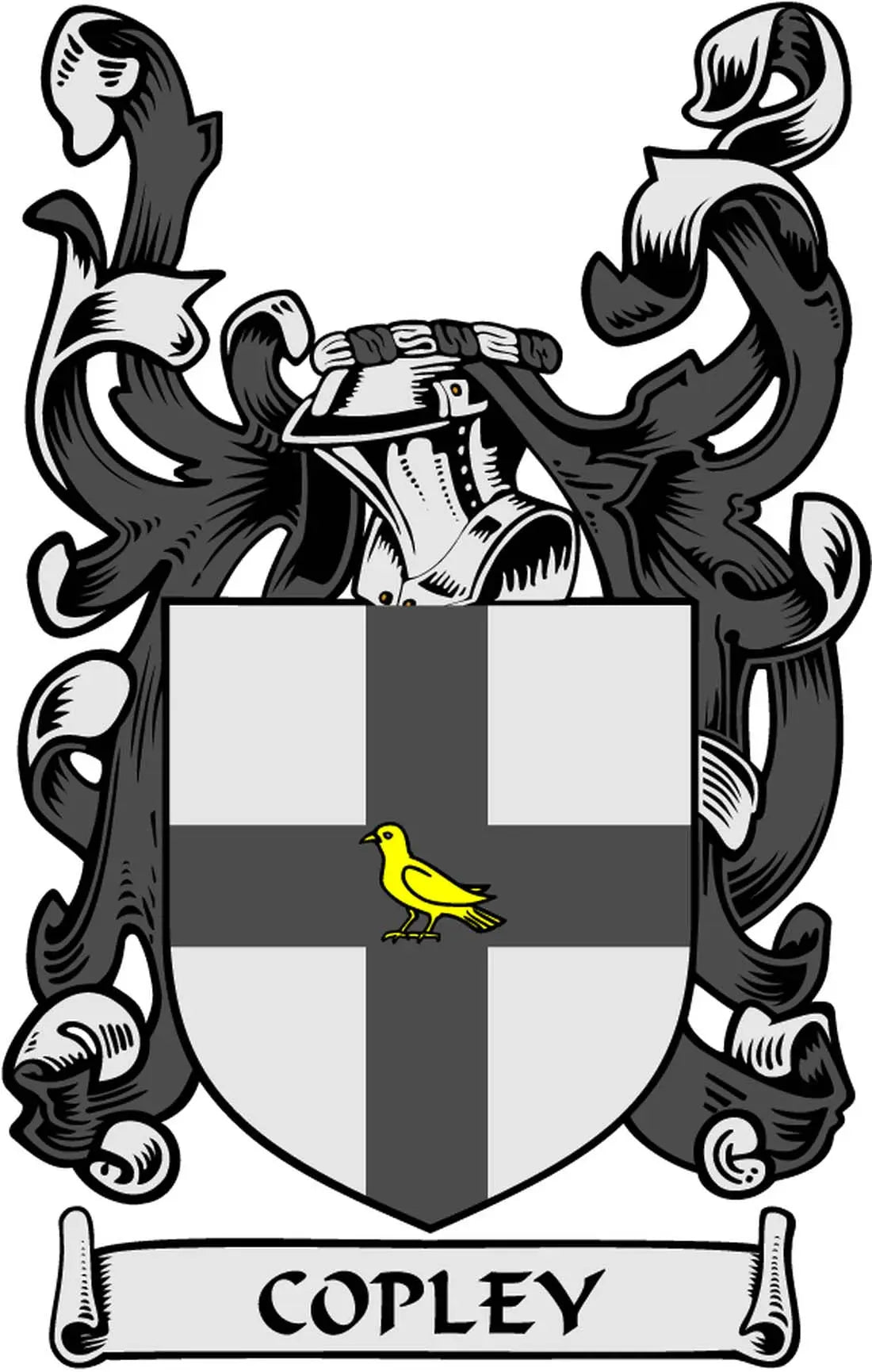 Copley family crest arms magnet with shield, bird emblem, and banner text