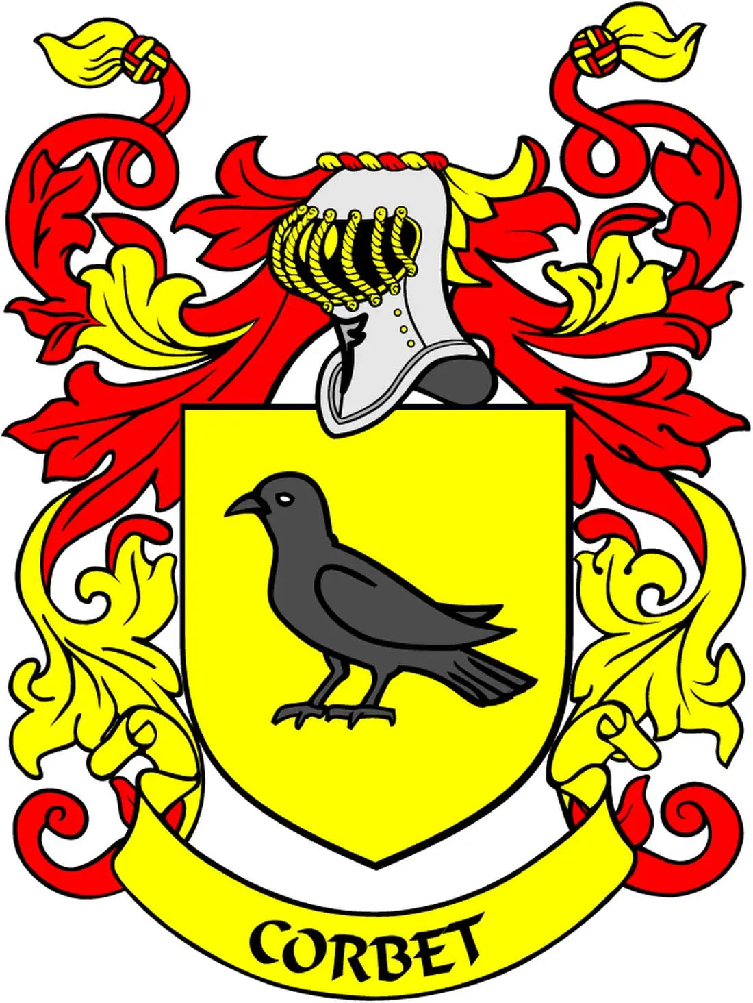 Family crest coat of arms magnet with yellow shield, black bird silhouette, red accents