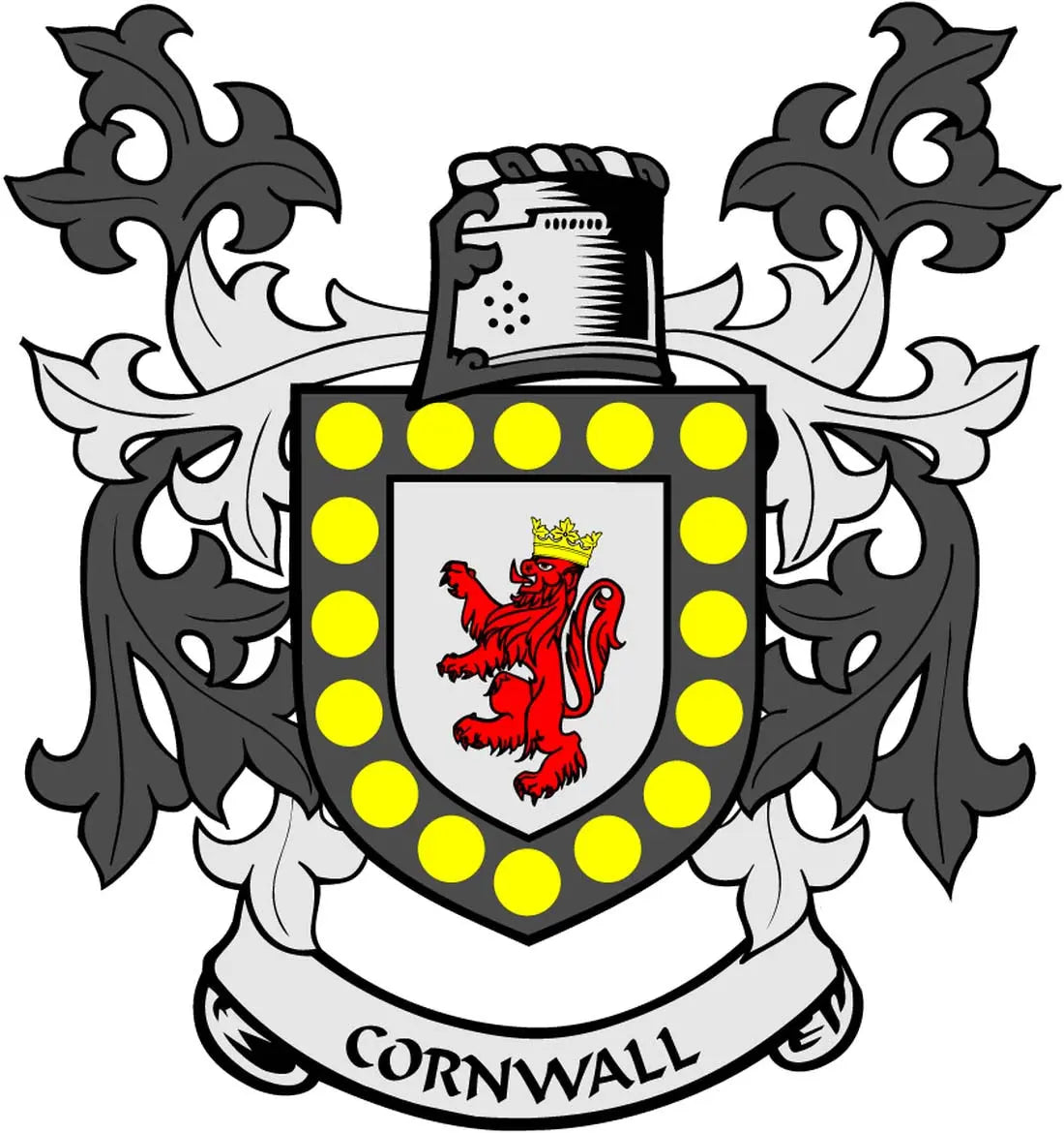 Cornwall family crest coat of arms pinback with black shield, red lion, yellow dotted border