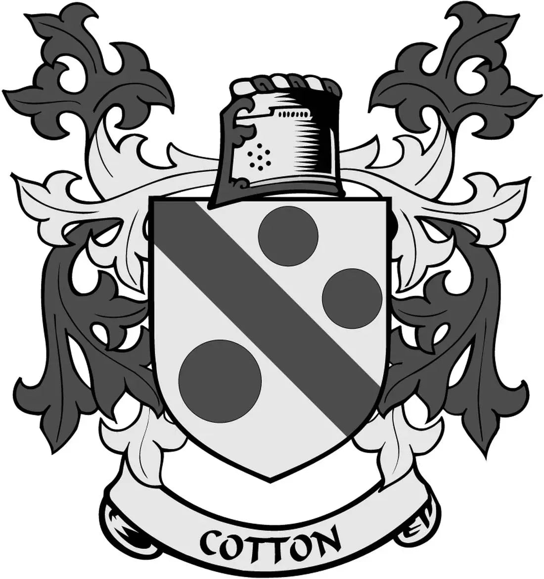 Family crest coat arms magnet: shield in black, gray, and white with “COTTON” banner