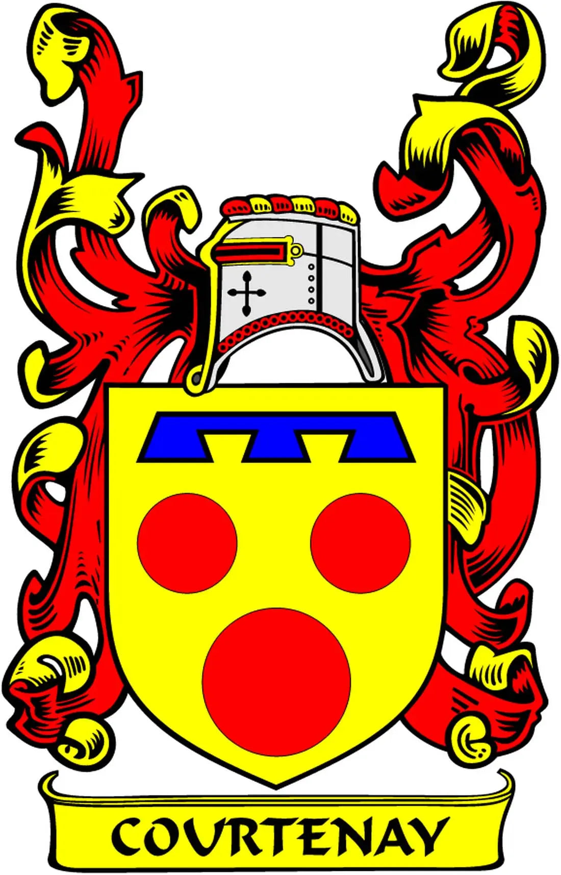 Courtenay family crest coat arms magnet with red and yellow shield and curved banner
