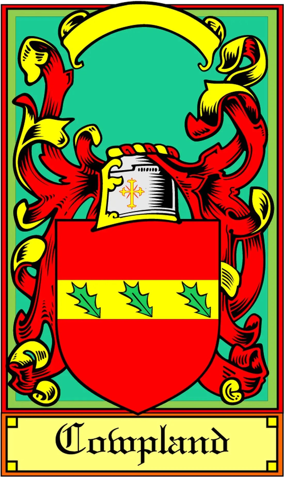 Cowpland family crest arms magnet with red shield and teal background, 3-inch size