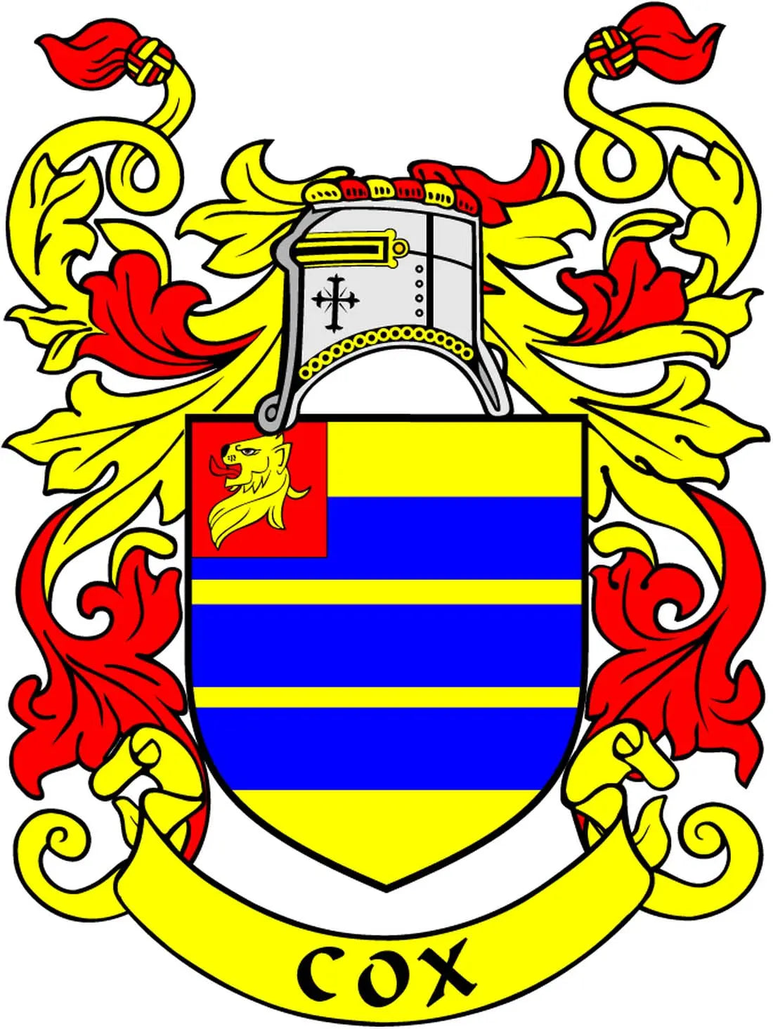Cox family crest coat of arms magnet with blue shield and red lion flames, 'Cox' banner