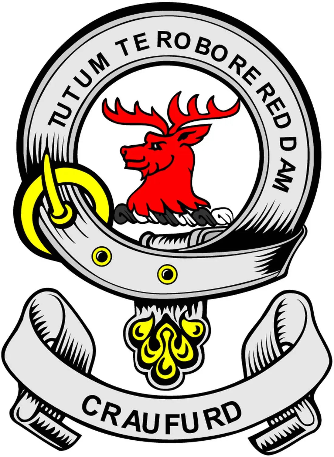 3-inch family crest coat arms magnet with red deer emblem and CRAUFURD text
