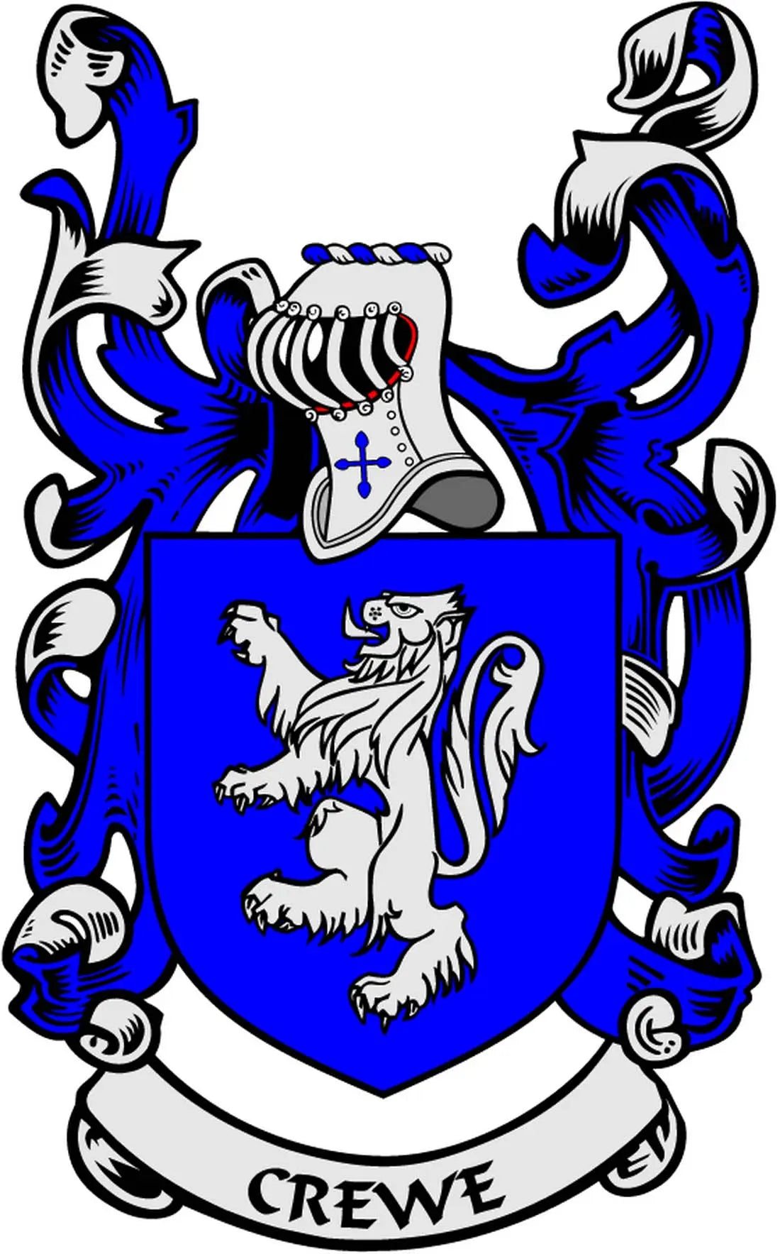 Crewe family crest coat of arms pinback with blue shield and banner reading “CREWE”